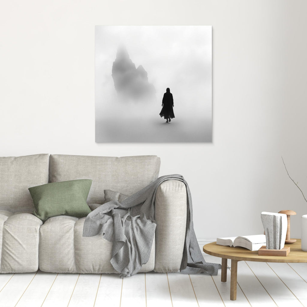 Into the Silence – Minimalist Black and White Canvas Art of Solitary Figure in Foggy Landscape