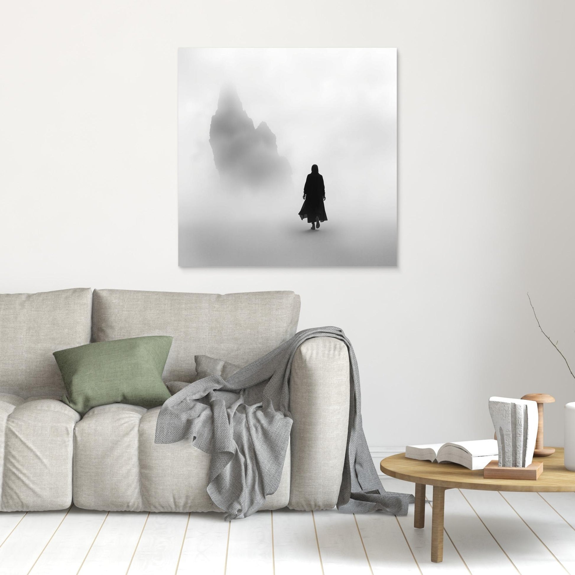 Into the Silence – Minimalist Black and White Canvas Art of Solitary Figure in Foggy Landscape