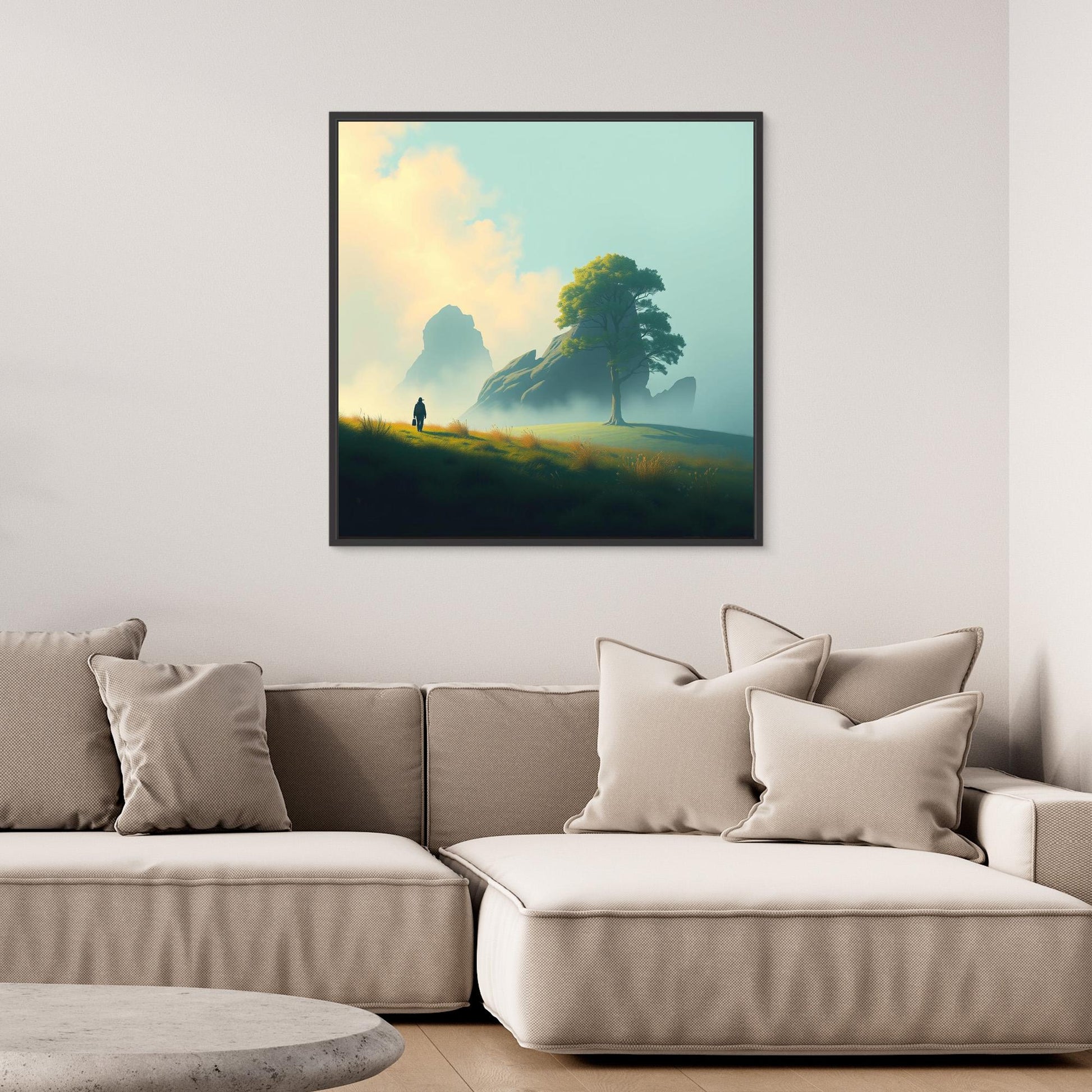 Lone Journey – Minimalist Nature Canvas Print | Serene Landscape Wall Art with Tree and Mountains