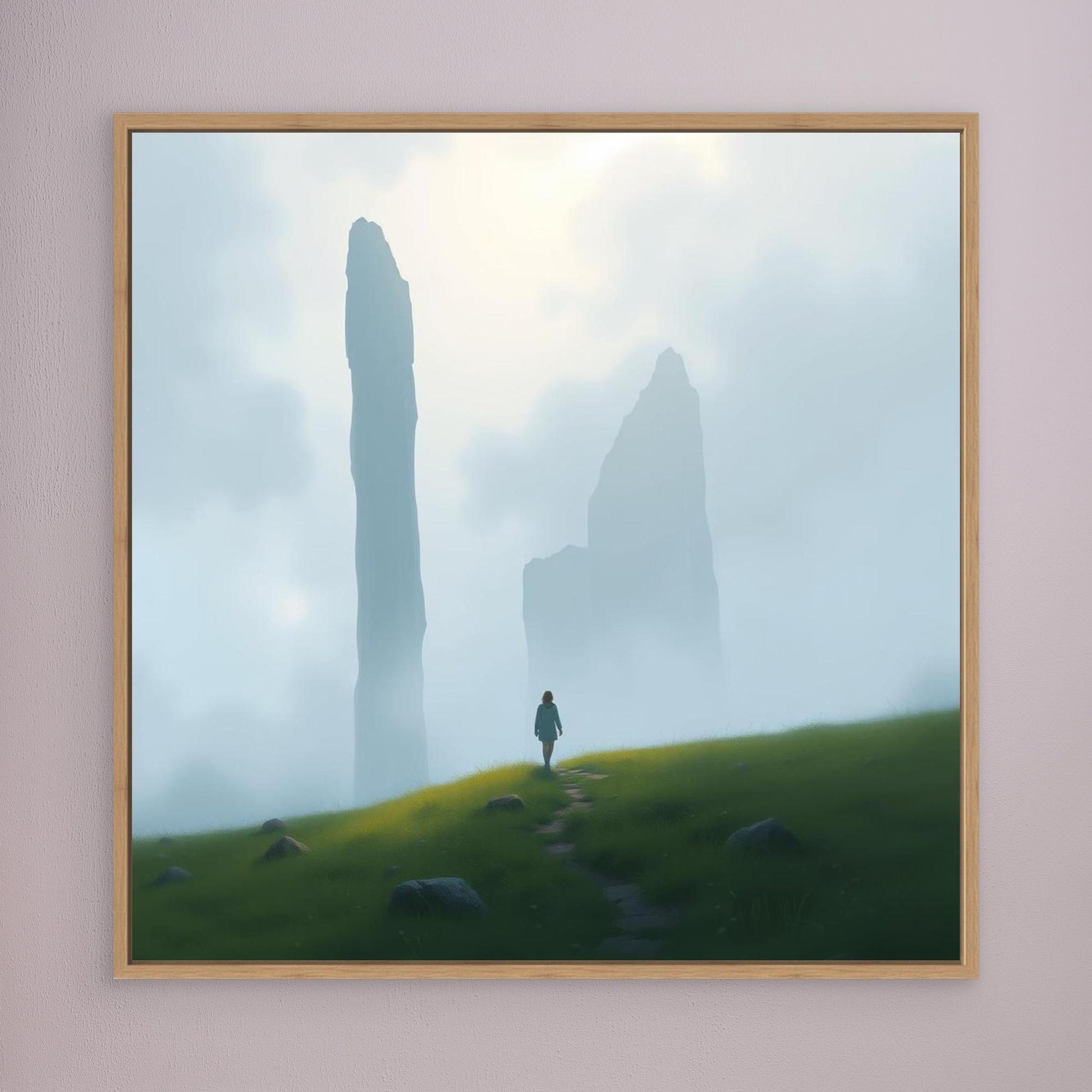 Wanderer of the Mist – Minimalist Nature Canvas Wall Art | Foggy Mountains & Lone Explorer Print