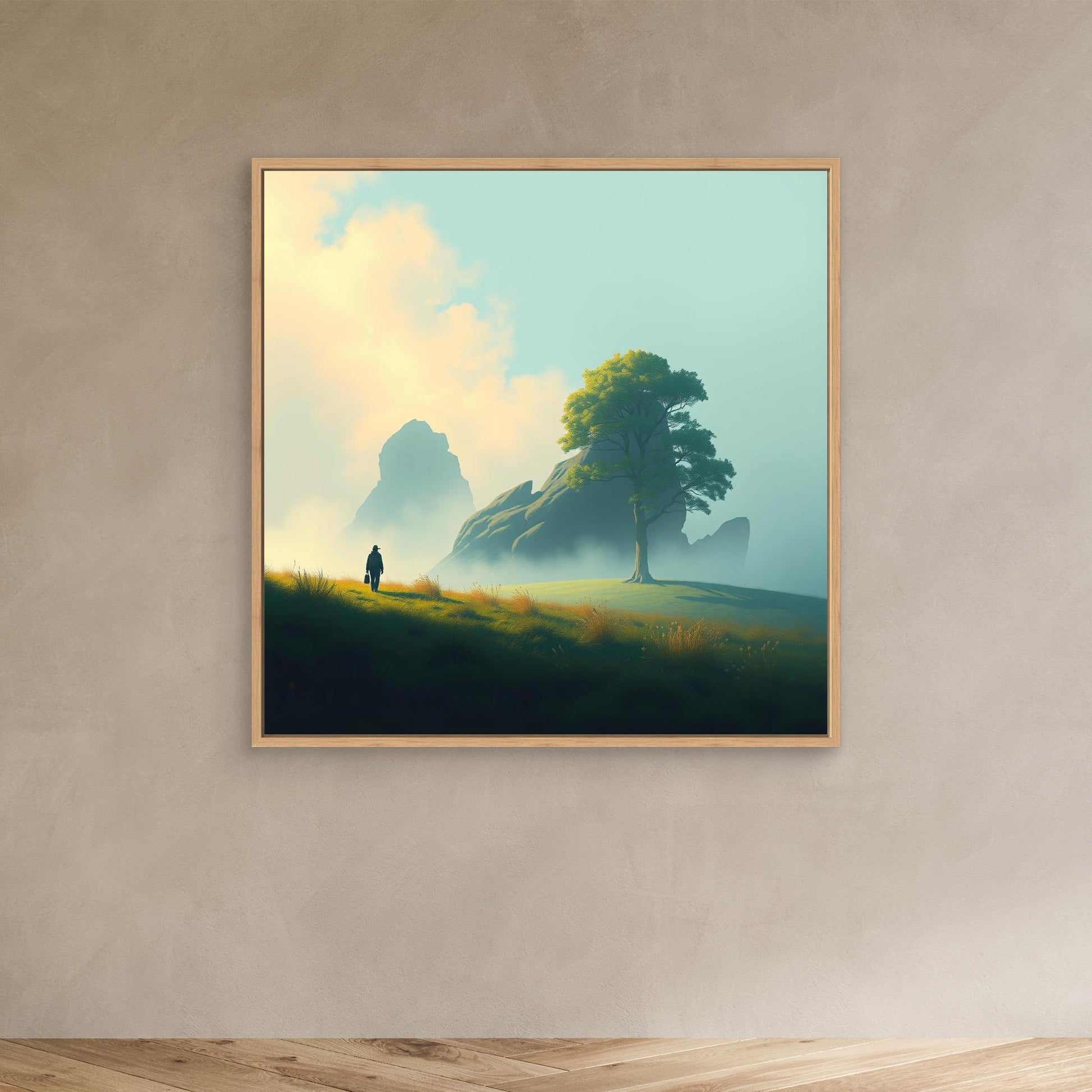 Lone Journey – Minimalist Nature Canvas Print | Serene Landscape Wall Art with Tree and Mountains