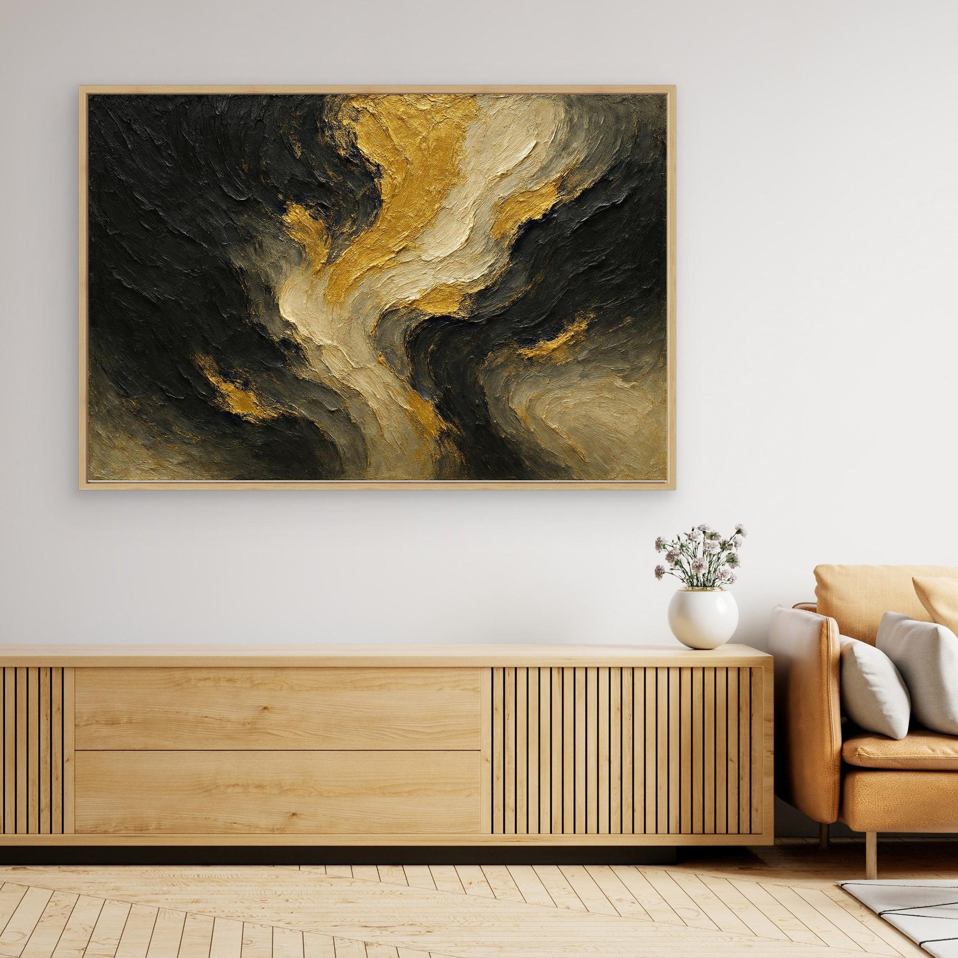 Gold and Black Abstract Canvas Wall Art – Modern Textured Print