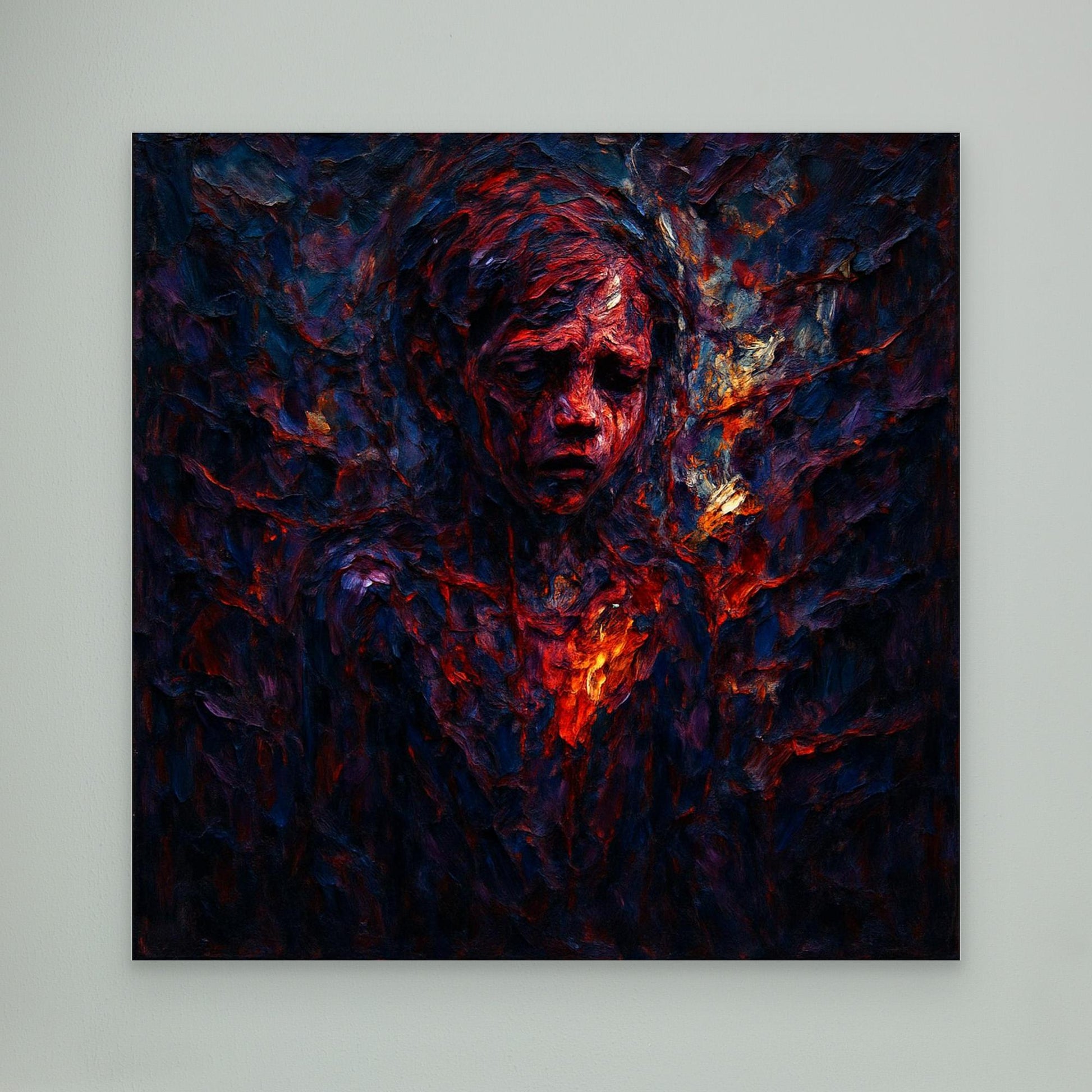 Figurative Fire Portrait – Dark Emotional Canvas Wall Art