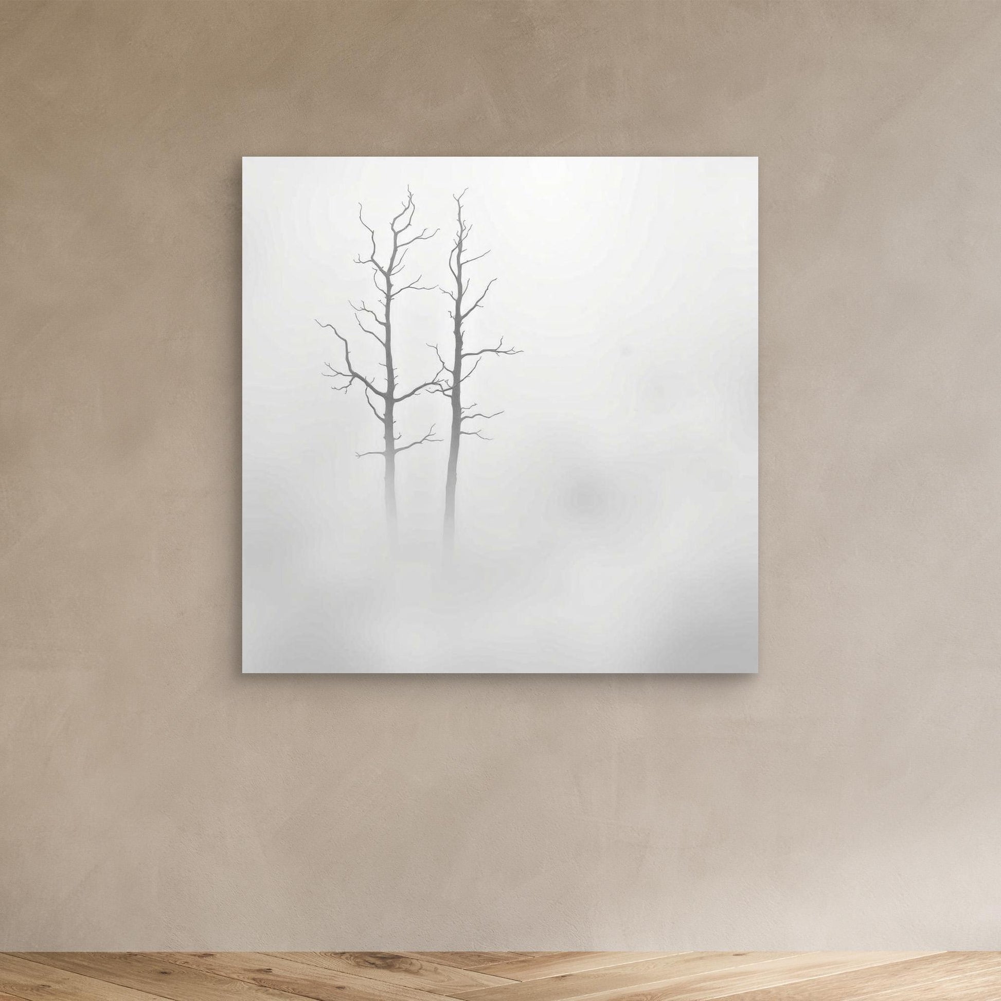 Echoes in the Fog – Minimalist Black and White Nature Canvas Art | Misty Trees Wall Decor