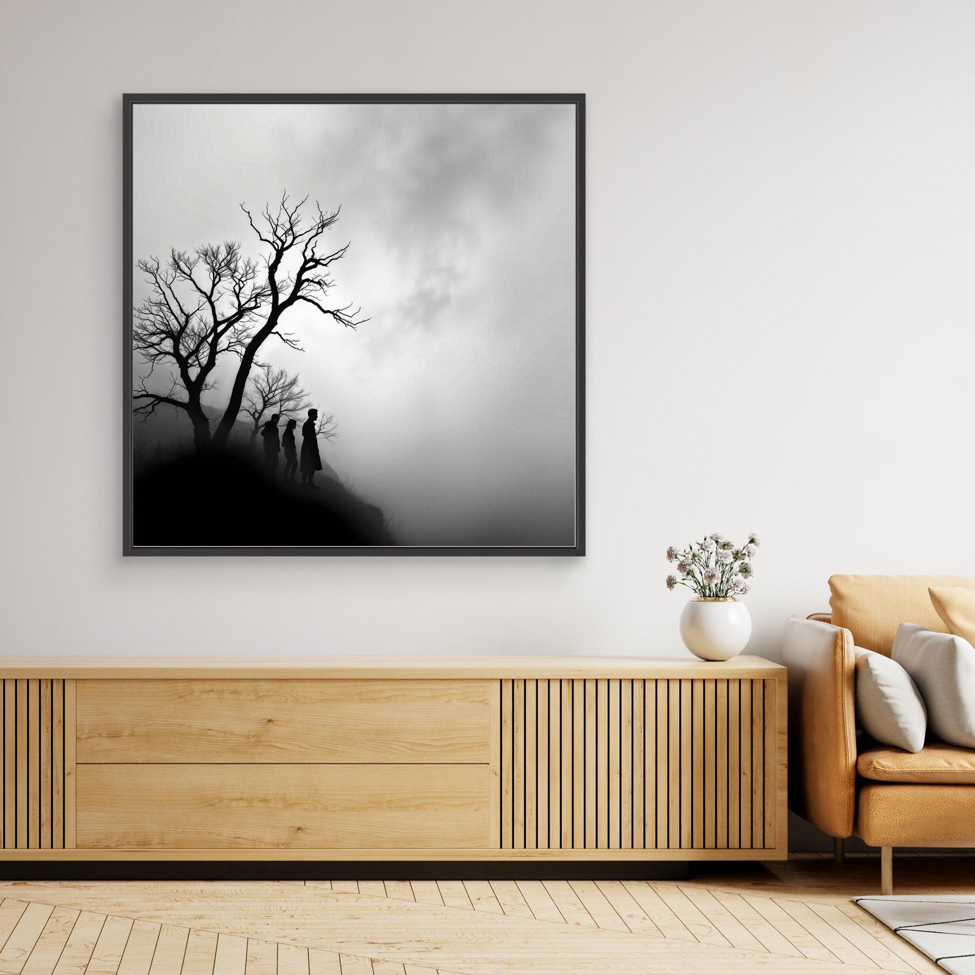 Edge of Silence – Minimalist Black & White Canvas Art | Surreal Fog Landscape with Silhouettes