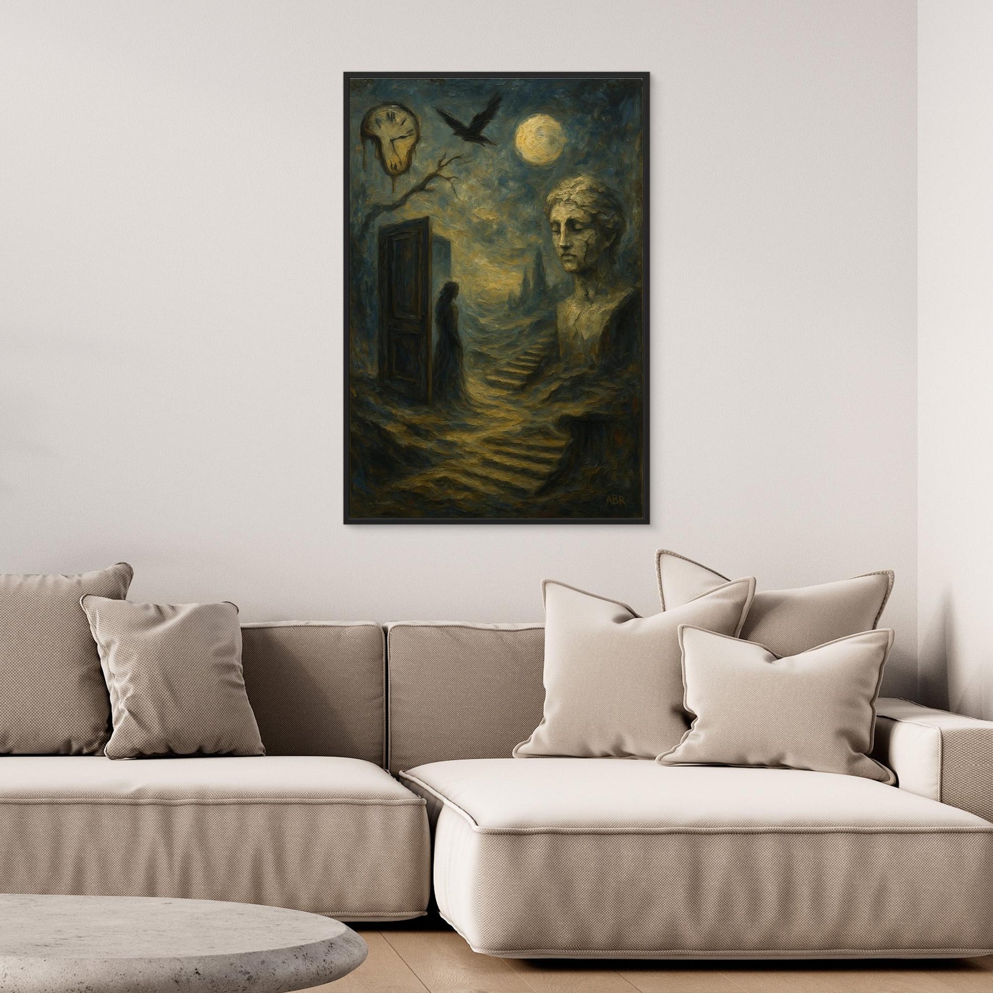Surreal Dreamscape Canvas Wall Art – Moon and Statue