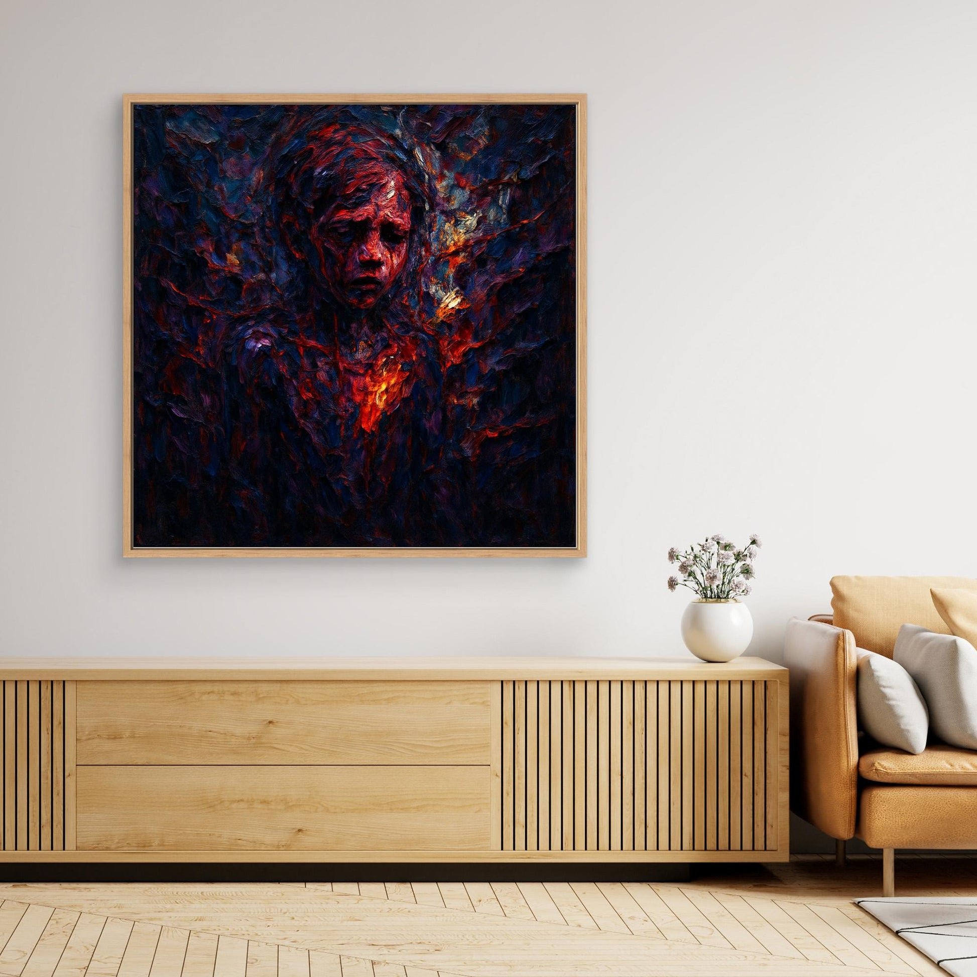 Figurative Fire Portrait – Dark Emotional Canvas Wall Art