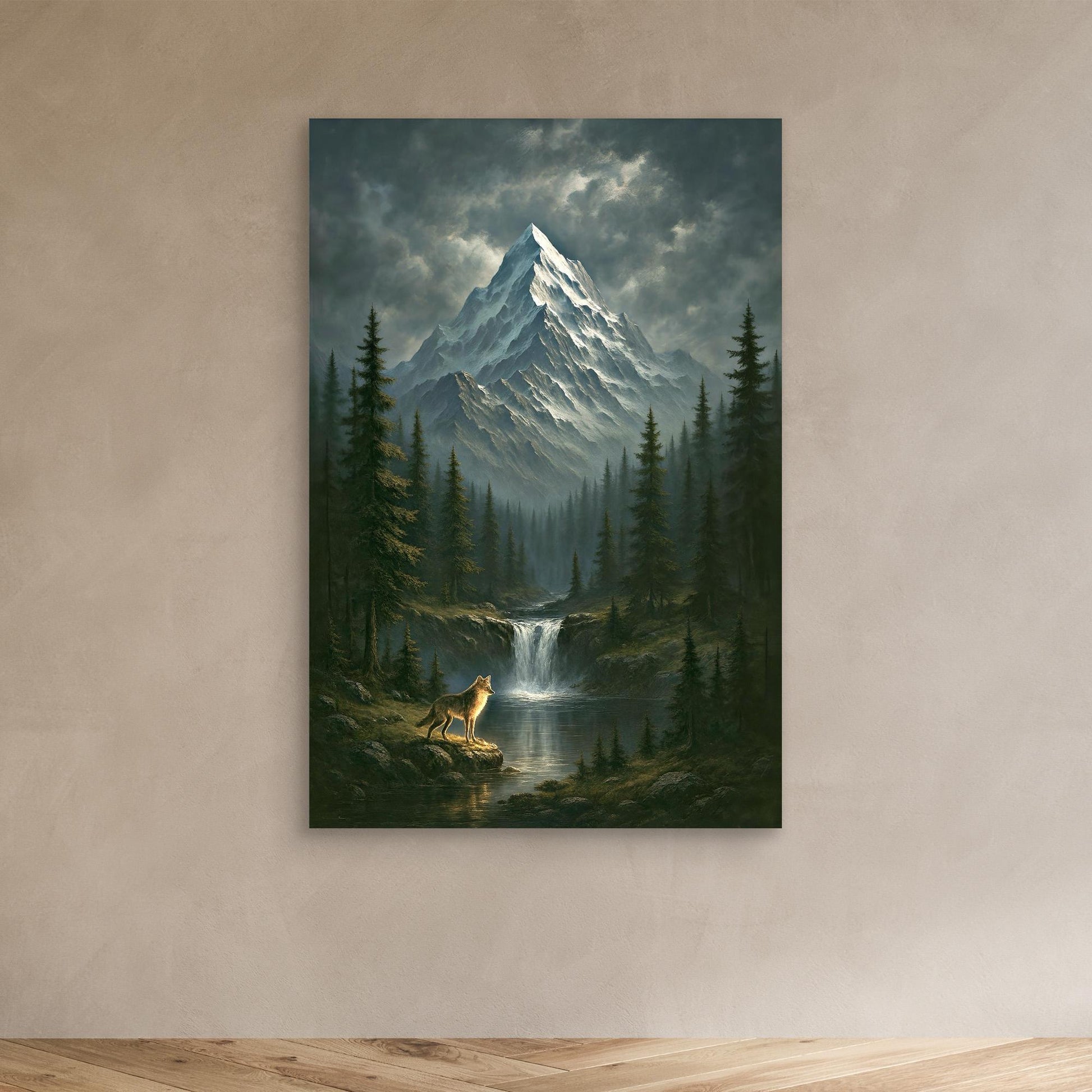Wilderness Spirit – Wolf, Waterfall & Snowy Mountain Canvas Print