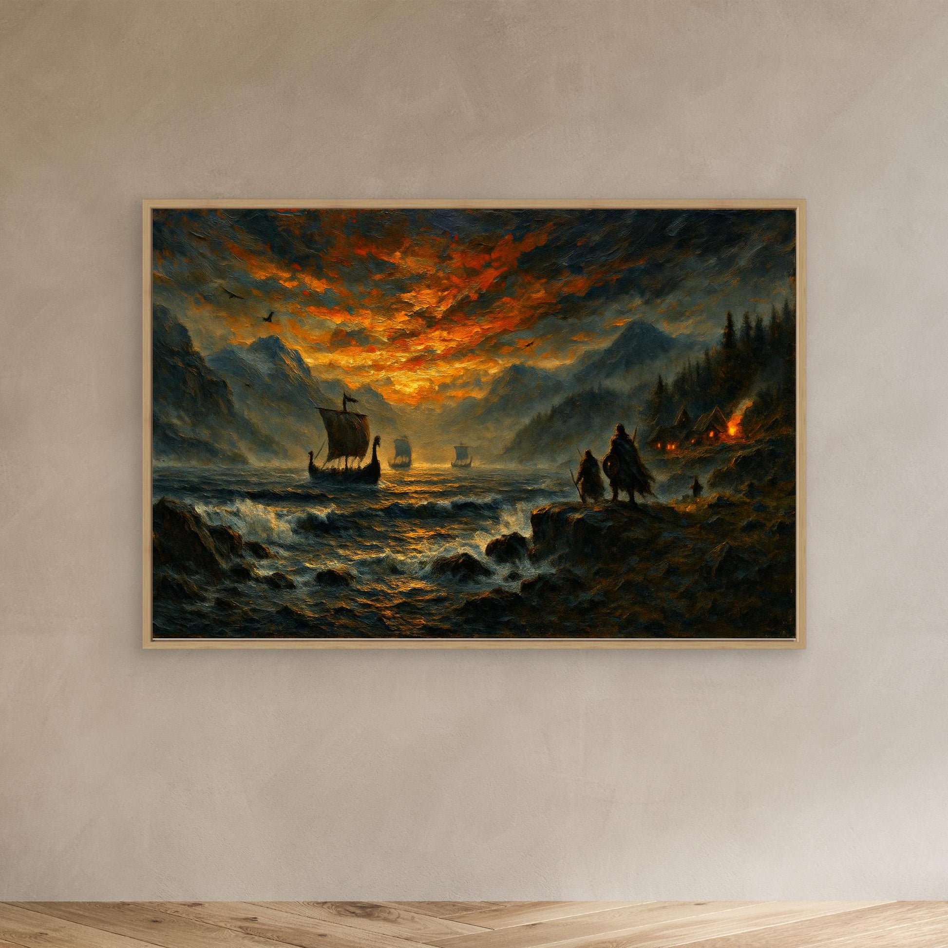 Viking Longship Canvas Wall Art – Dramatic Nordic Sunset Print