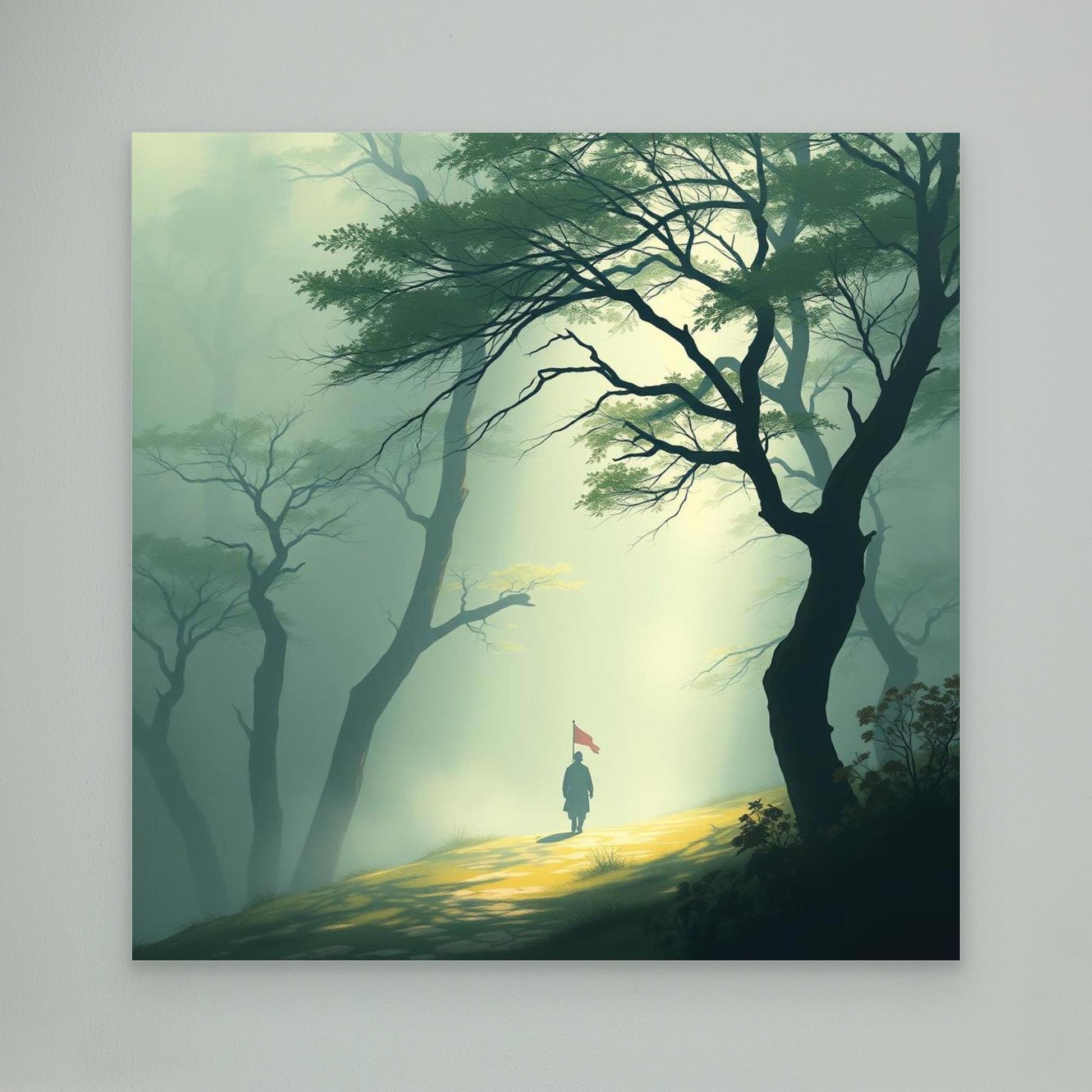 Path of Resolve – Minimalist Forest Canvas Wall Art with Lone Figure and Red Flag