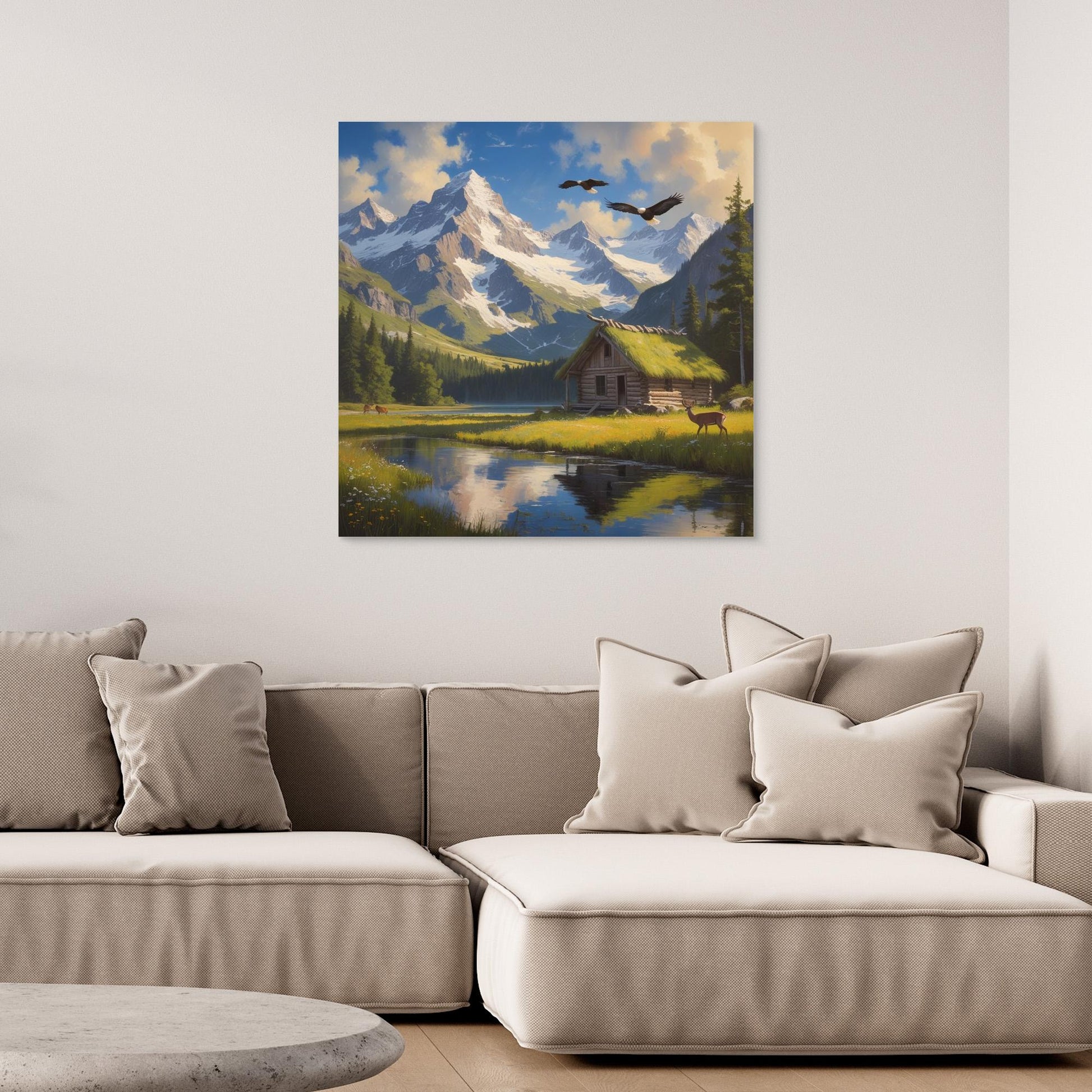 Still Waters Cabin – Mountain Landscape with Wildlife Canvas Art