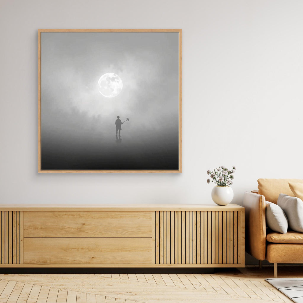 The Digger of Dreams – Minimalist Misty Landscape Art with Full Moon & Shovel Silhouette”