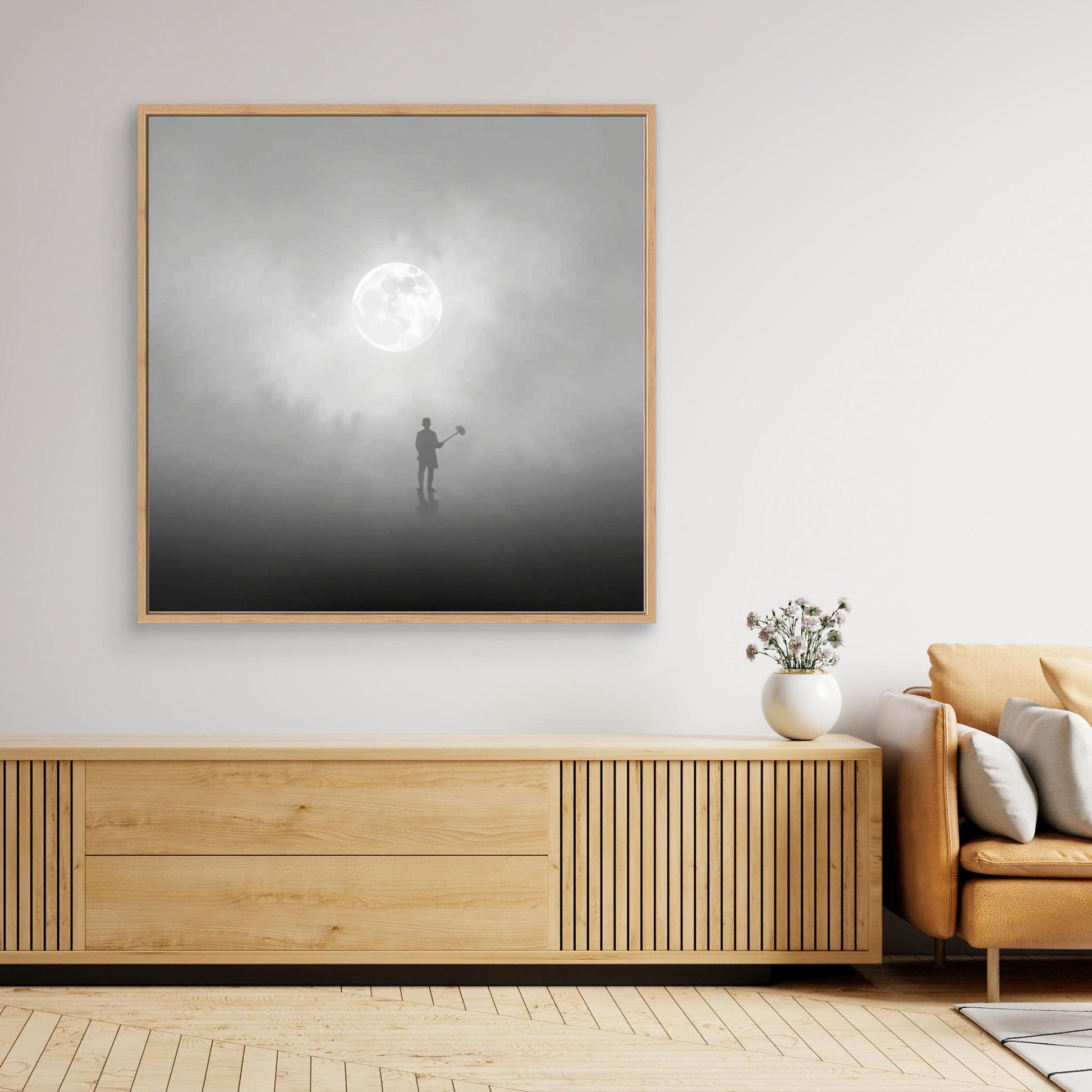 The Digger of Dreams – Minimalist Misty Landscape Art with Full Moon & Shovel Silhouette”