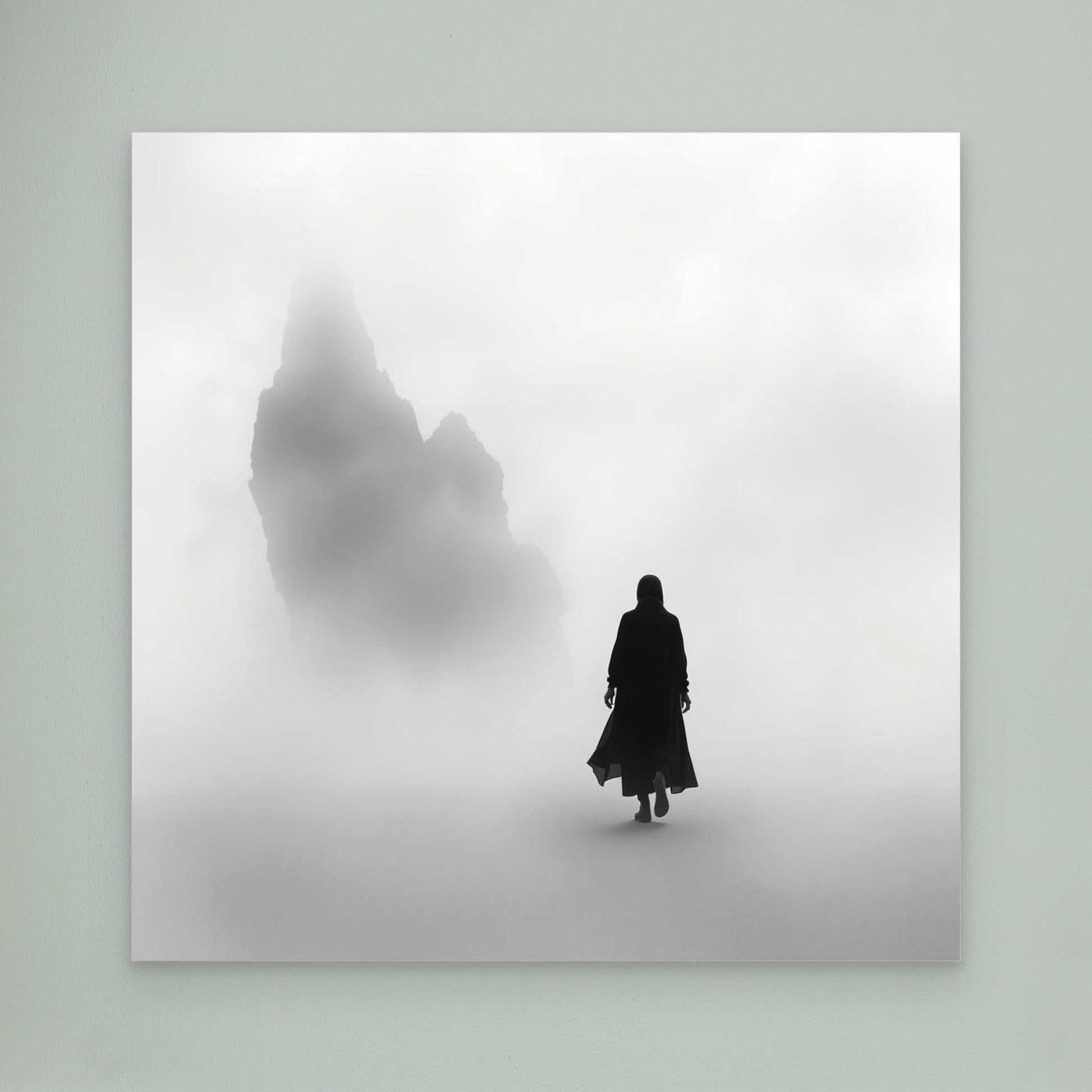 Into the Silence – Minimalist Black and White Canvas Art of Solitary Figure in Foggy Landscape