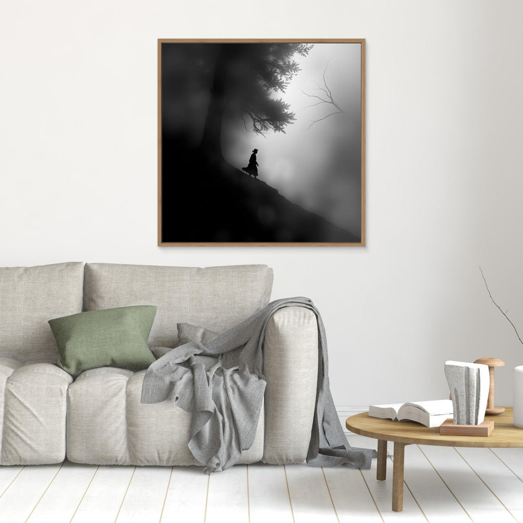 Mystic Walk Through the Fog – Black and White Nature Canvas Wall Art