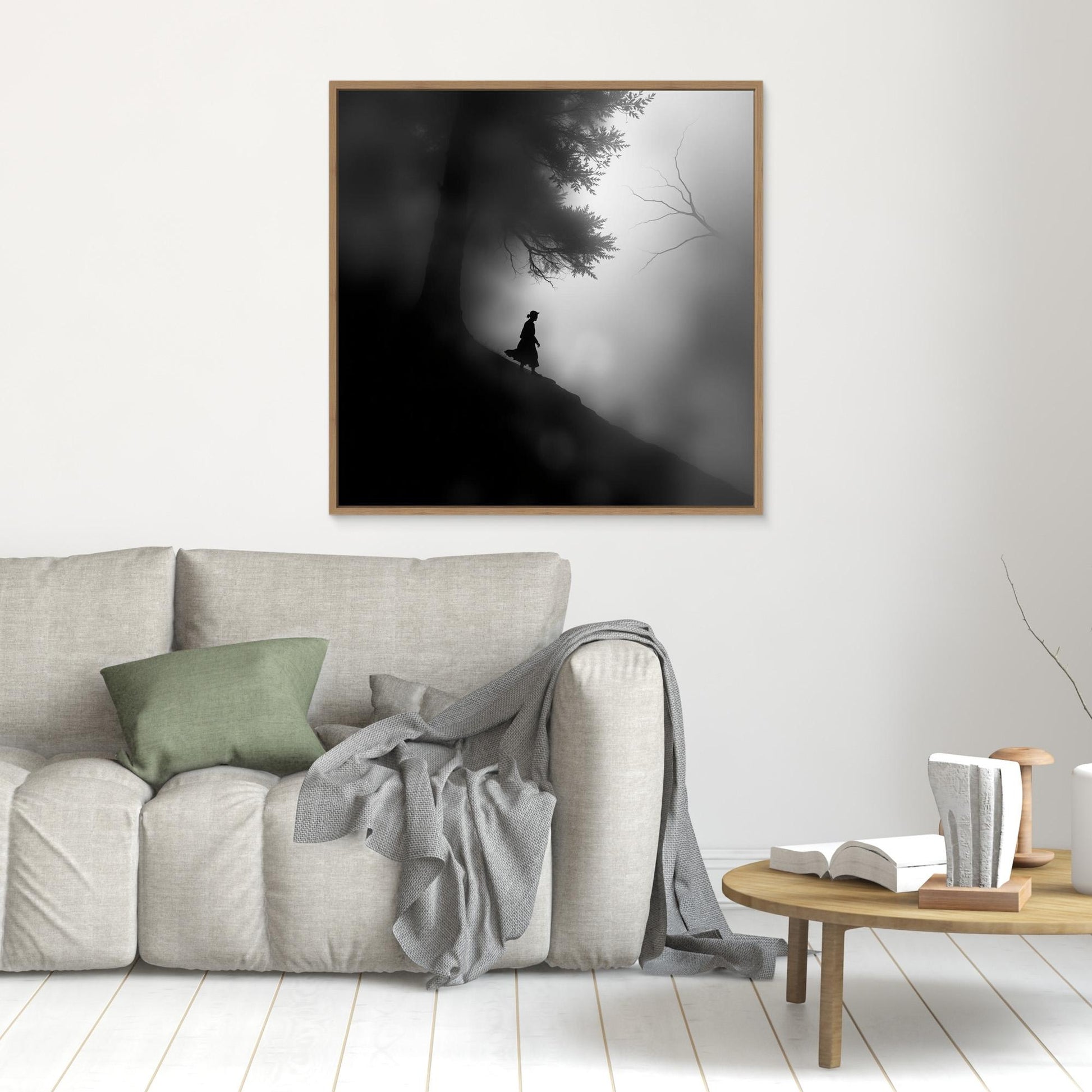 Mystic Walk Through the Fog – Black and White Nature Canvas Wall Art