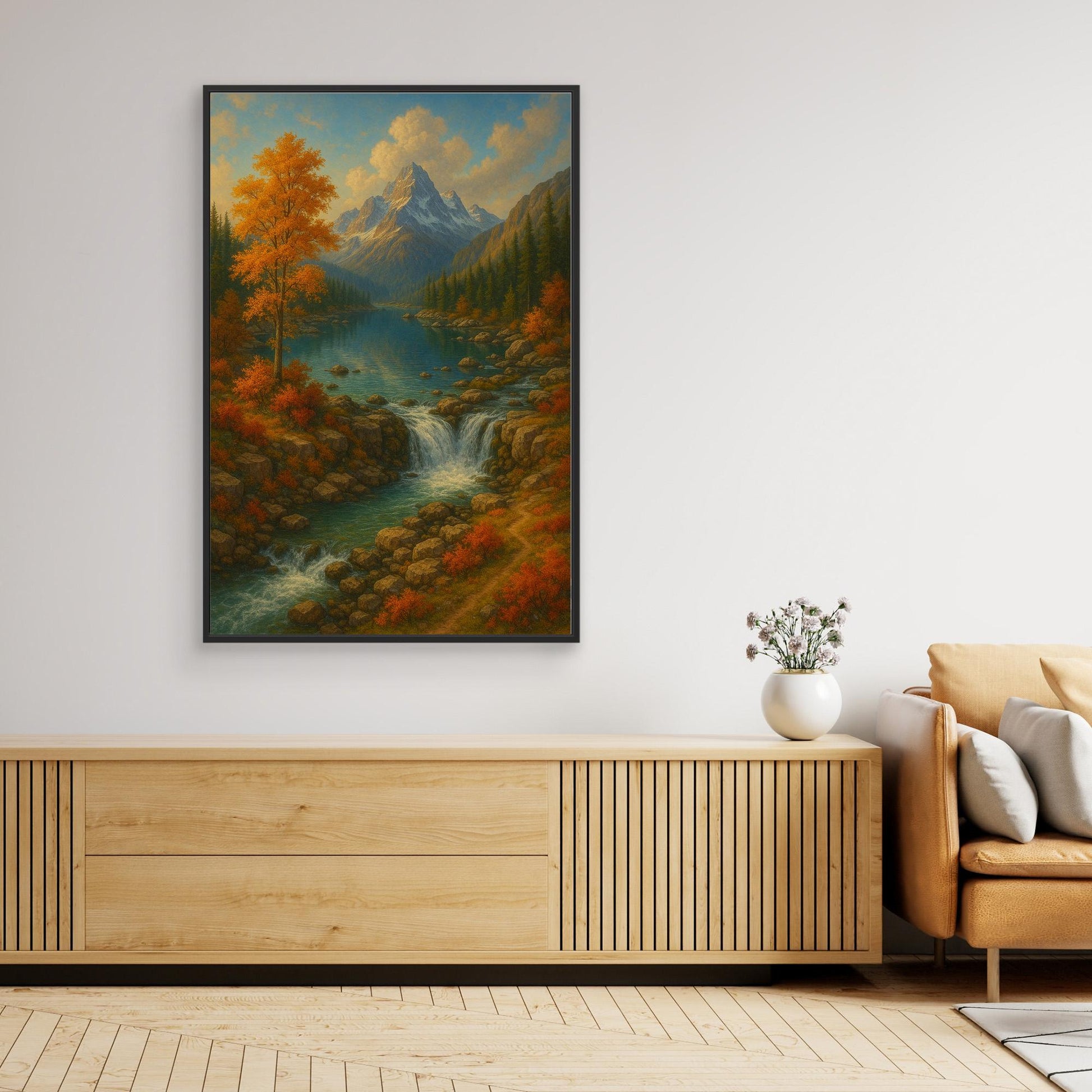 Mountain Waterfall Canvas Wall Art – Autumn Nature Landscape Print