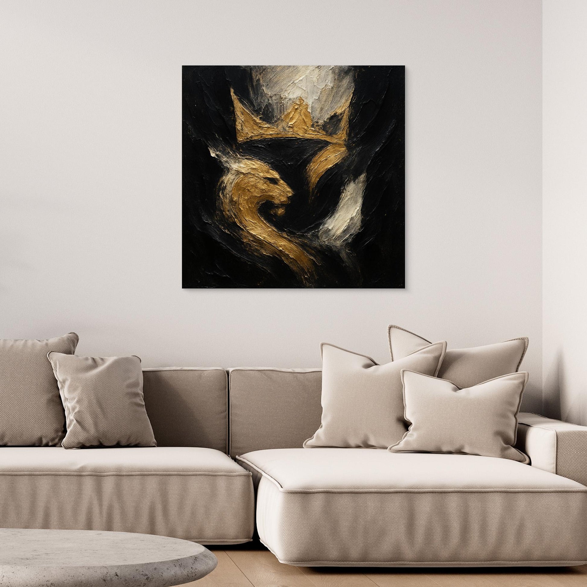 Crowned Lion Canvas Wall Art – Abstract Gold and Black Painting