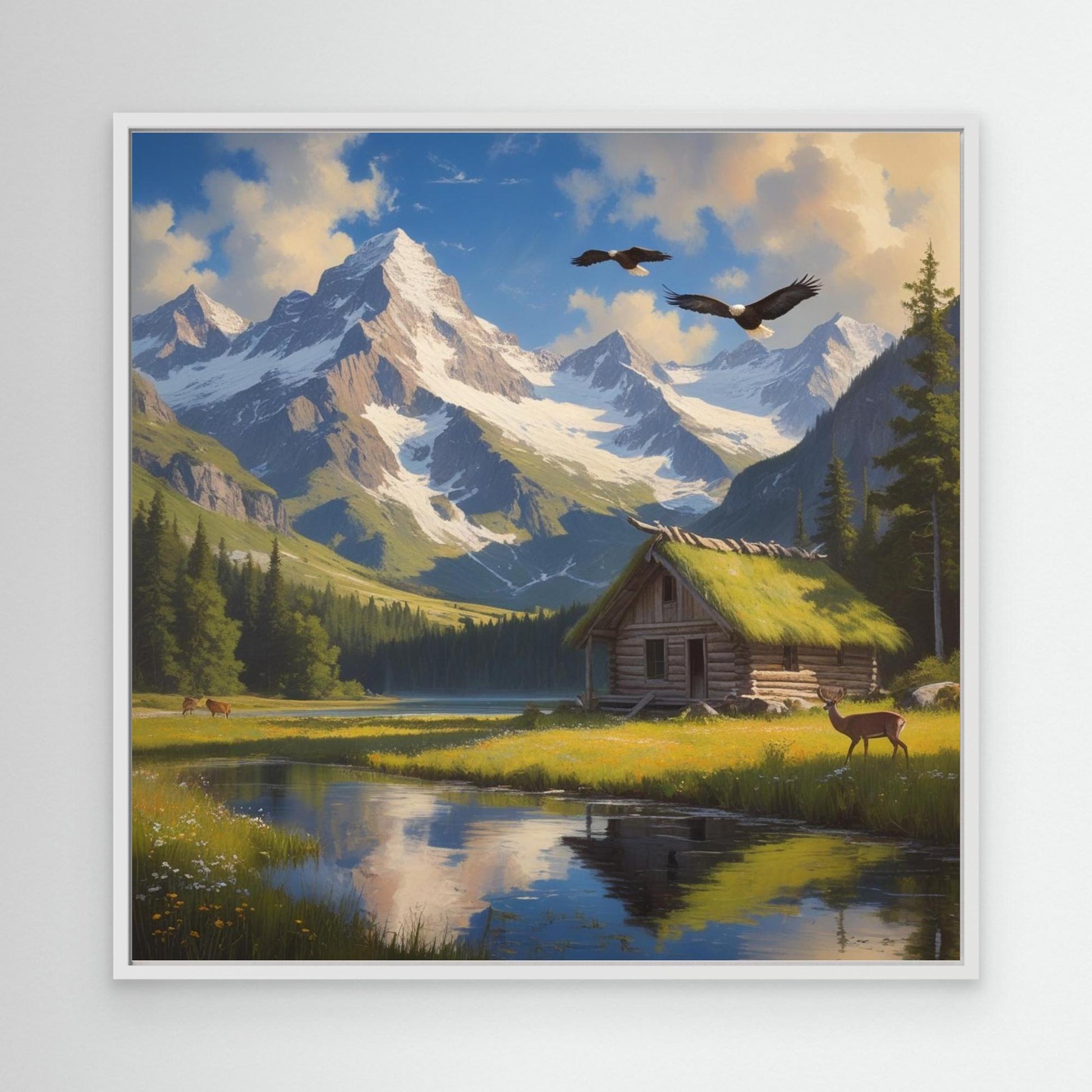 Still Waters Cabin – Mountain Landscape with Wildlife Canvas Art