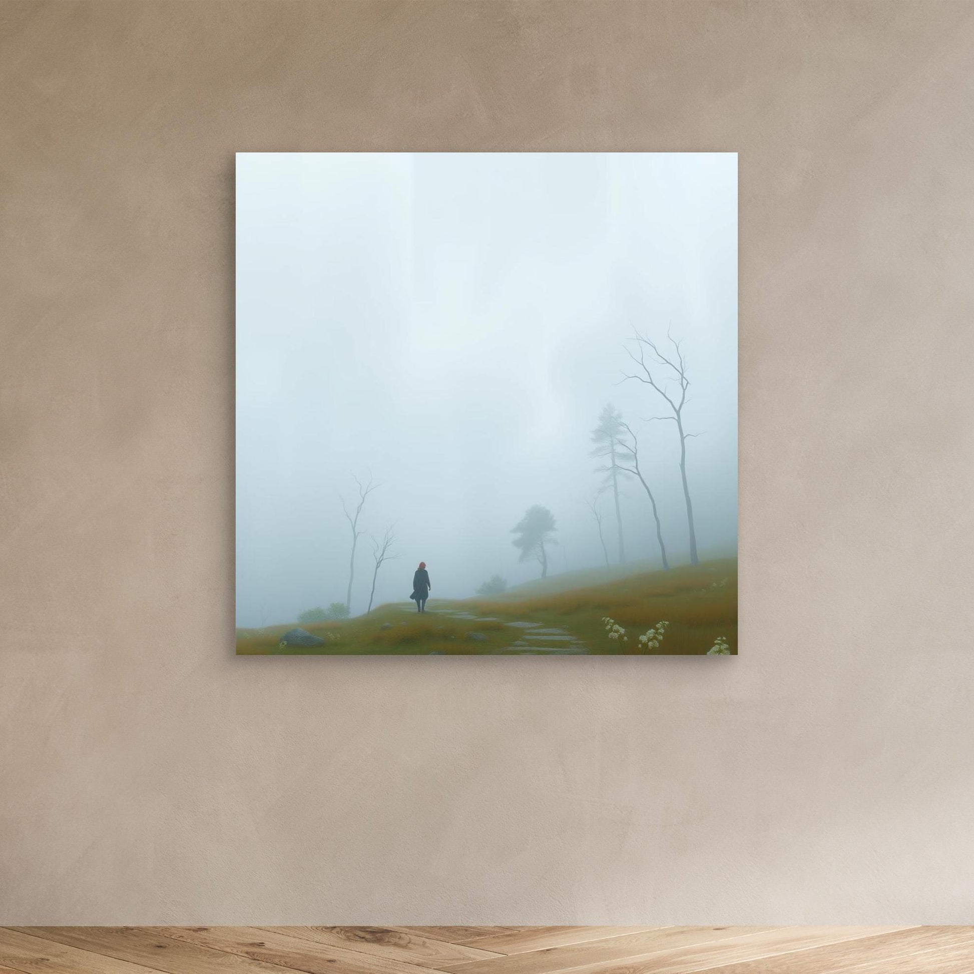 Into the Mist – Minimalist Canvas Wall Art of Woman Walking Through Foggy Landscape