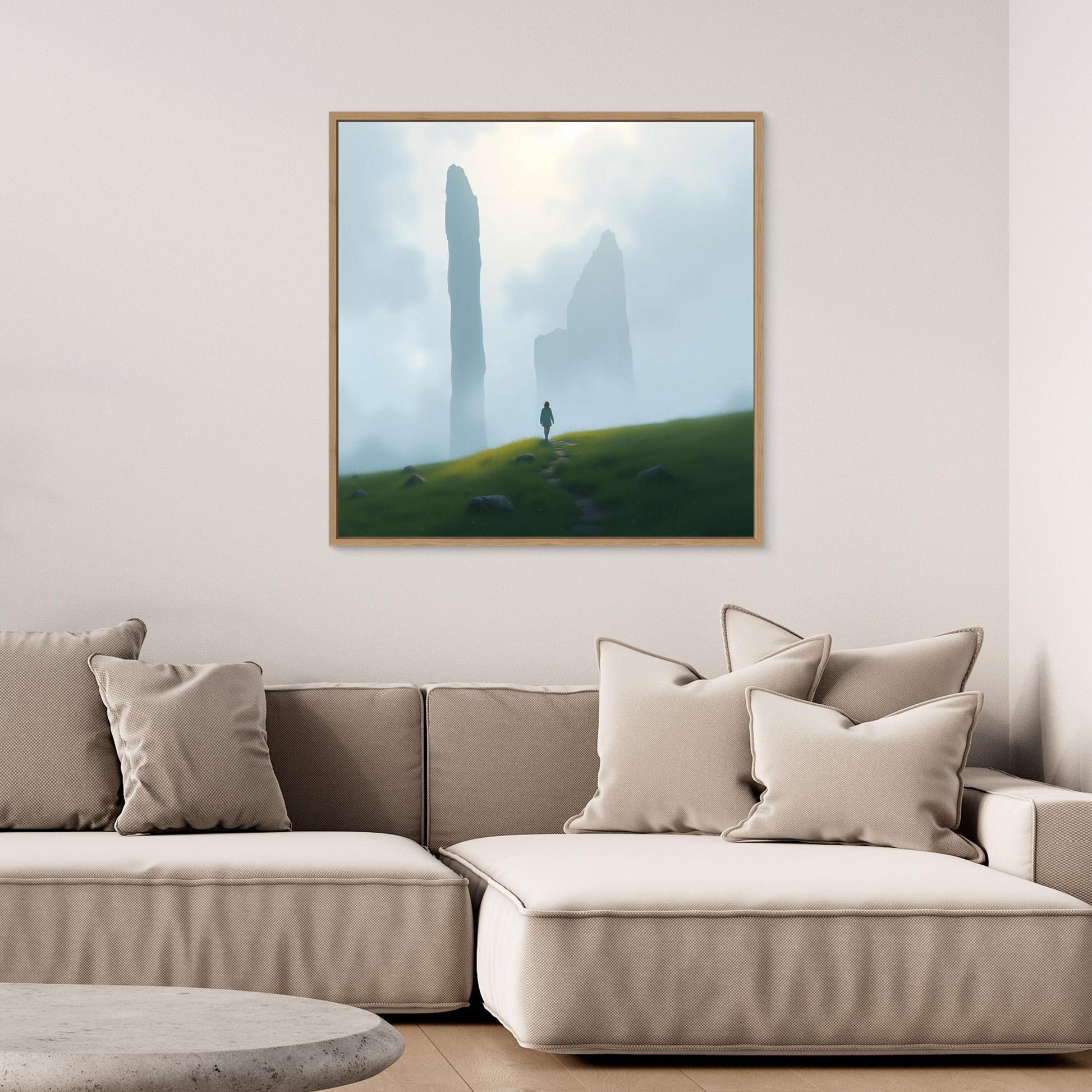Wanderer of the Mist – Minimalist Nature Canvas Wall Art | Foggy Mountains & Lone Explorer Print