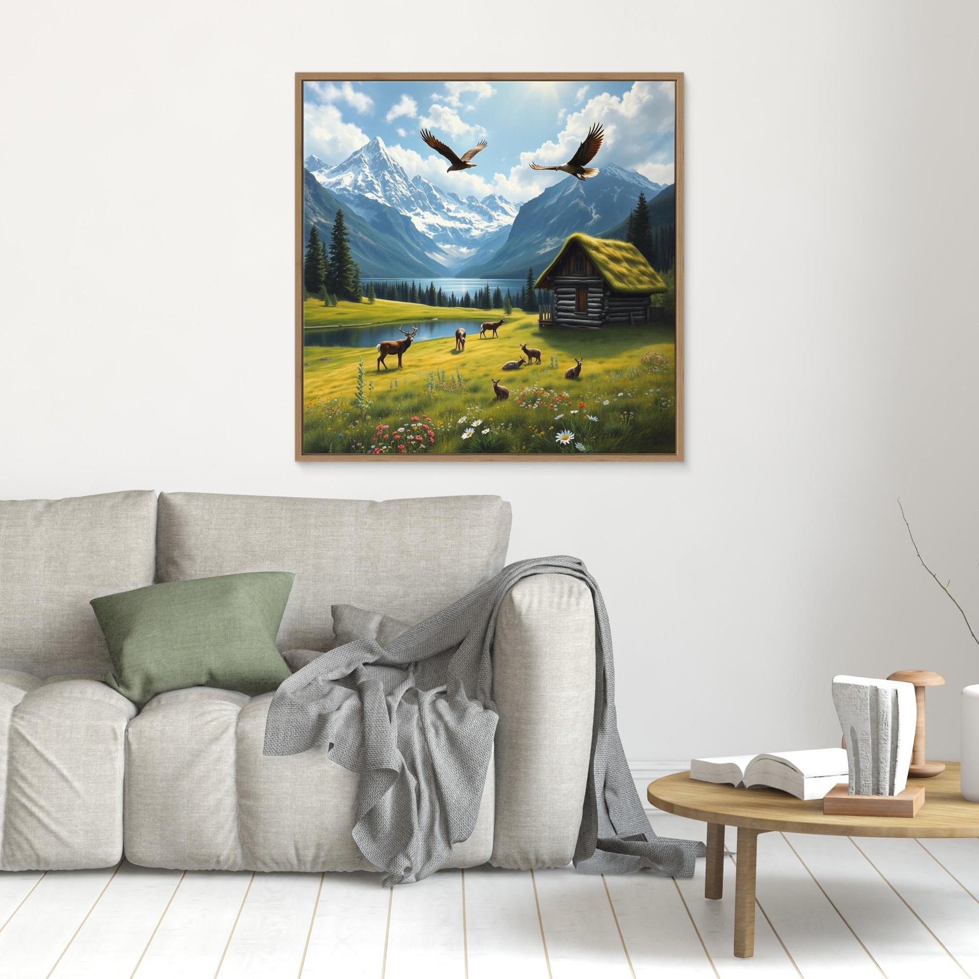 Alpine Sanctuary – Wildlife and Cabin by the Lake Canvas Art