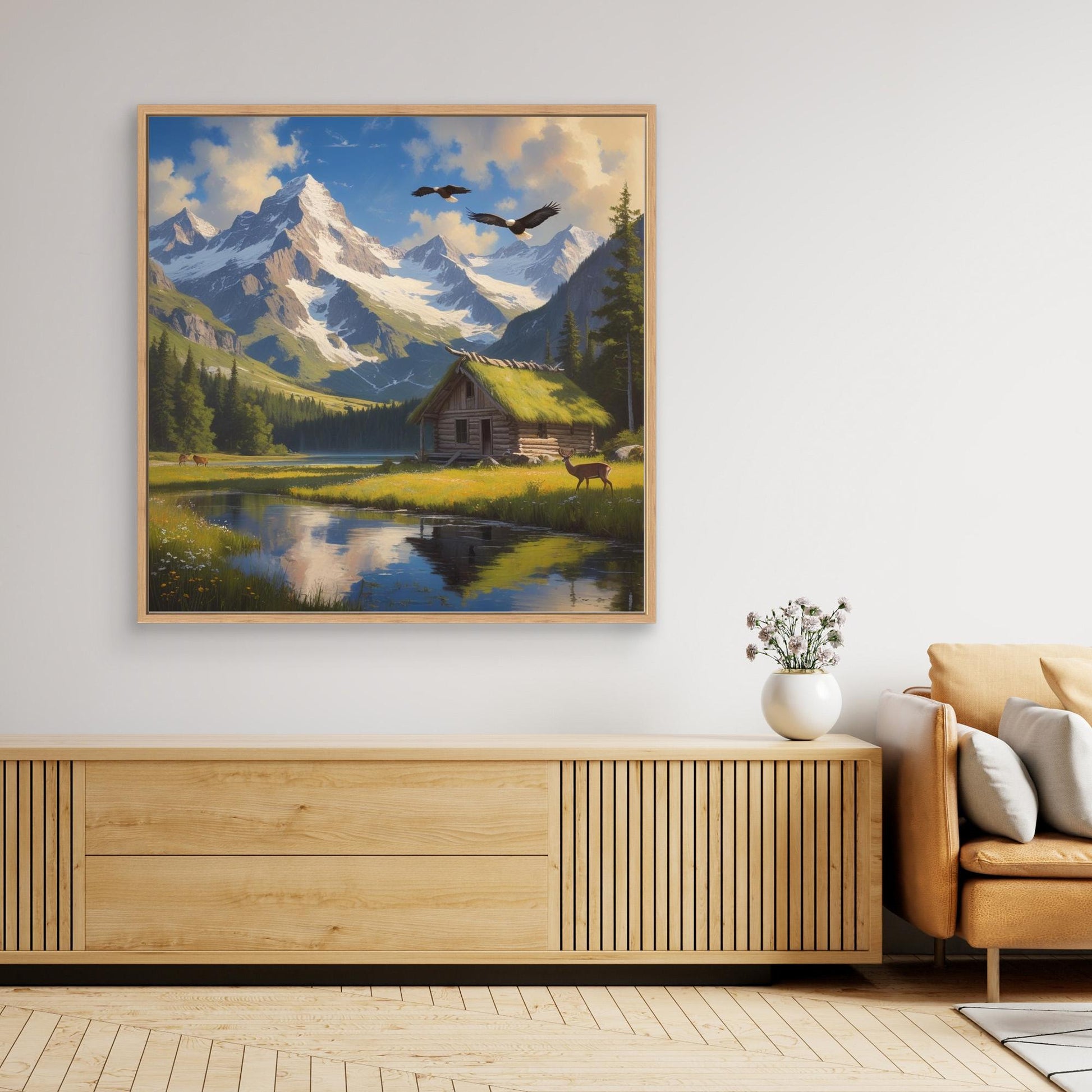 Still Waters Cabin – Mountain Landscape with Wildlife Canvas Art