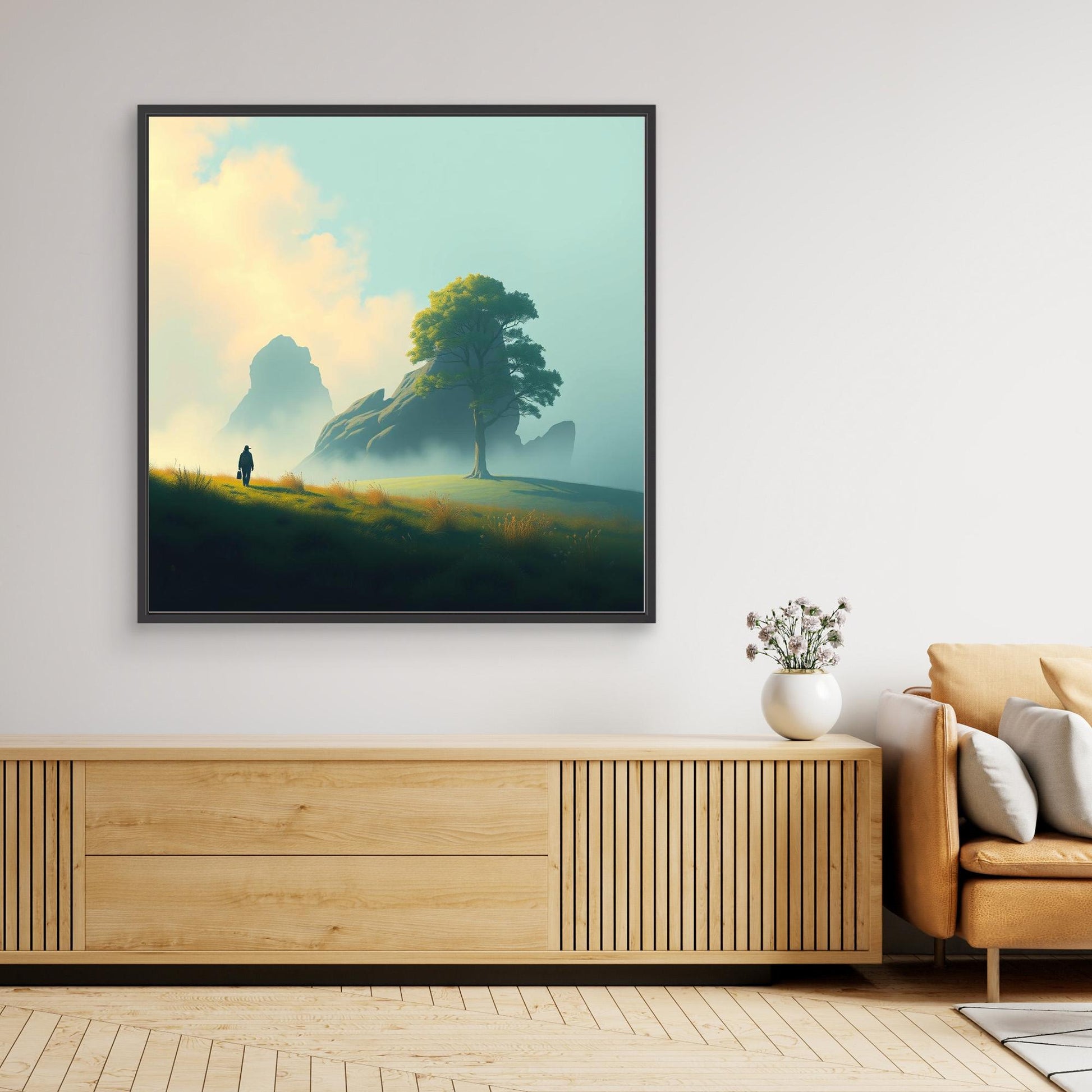 Lone Journey – Minimalist Nature Canvas Print | Serene Landscape Wall Art with Tree and Mountains