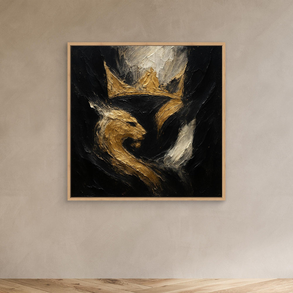 Crowned Lion Canvas Wall Art – Abstract Gold and Black Painting