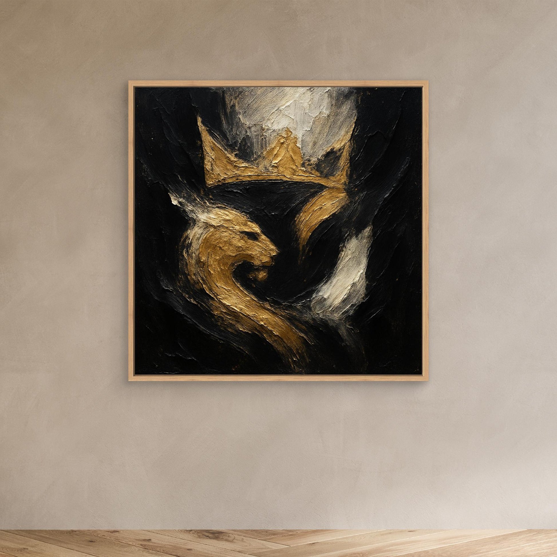 Crowned Lion Canvas Wall Art – Abstract Gold and Black Painting