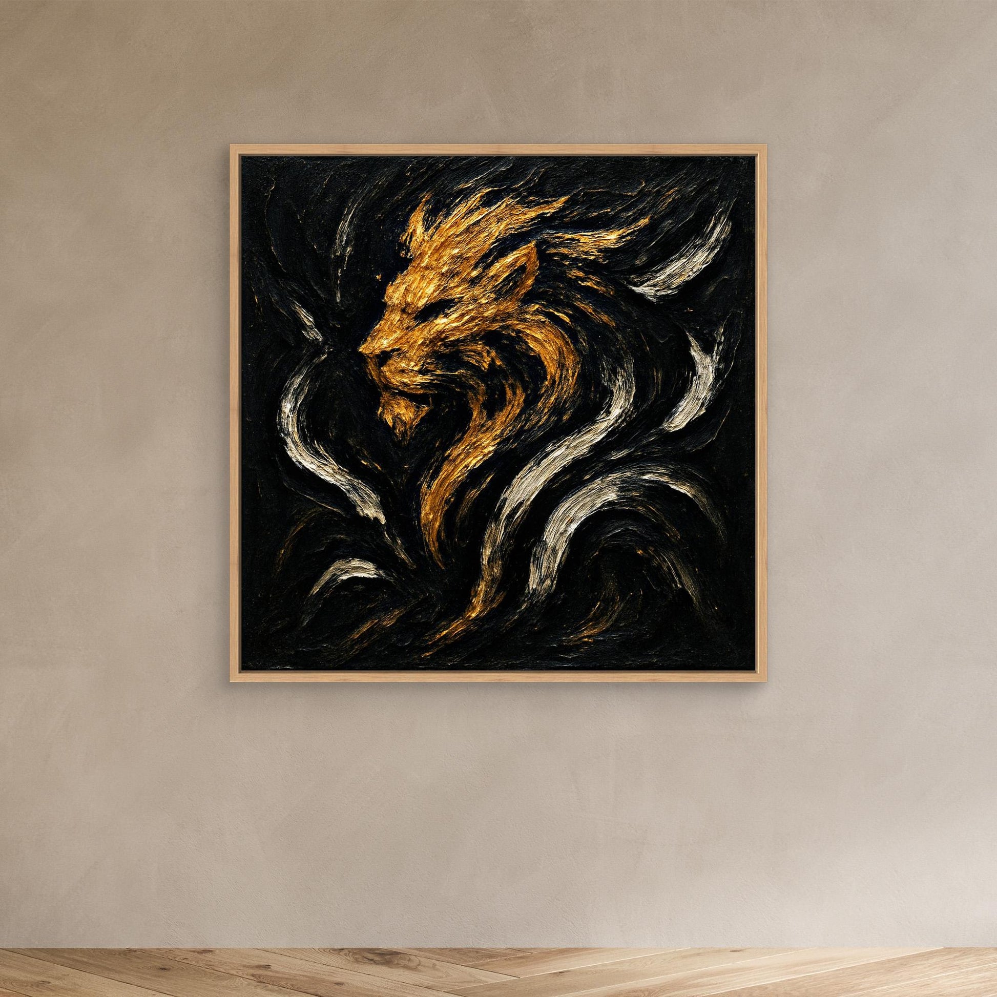 Abstract Lion Canvas Wall Art – Gold and Black Modern Print