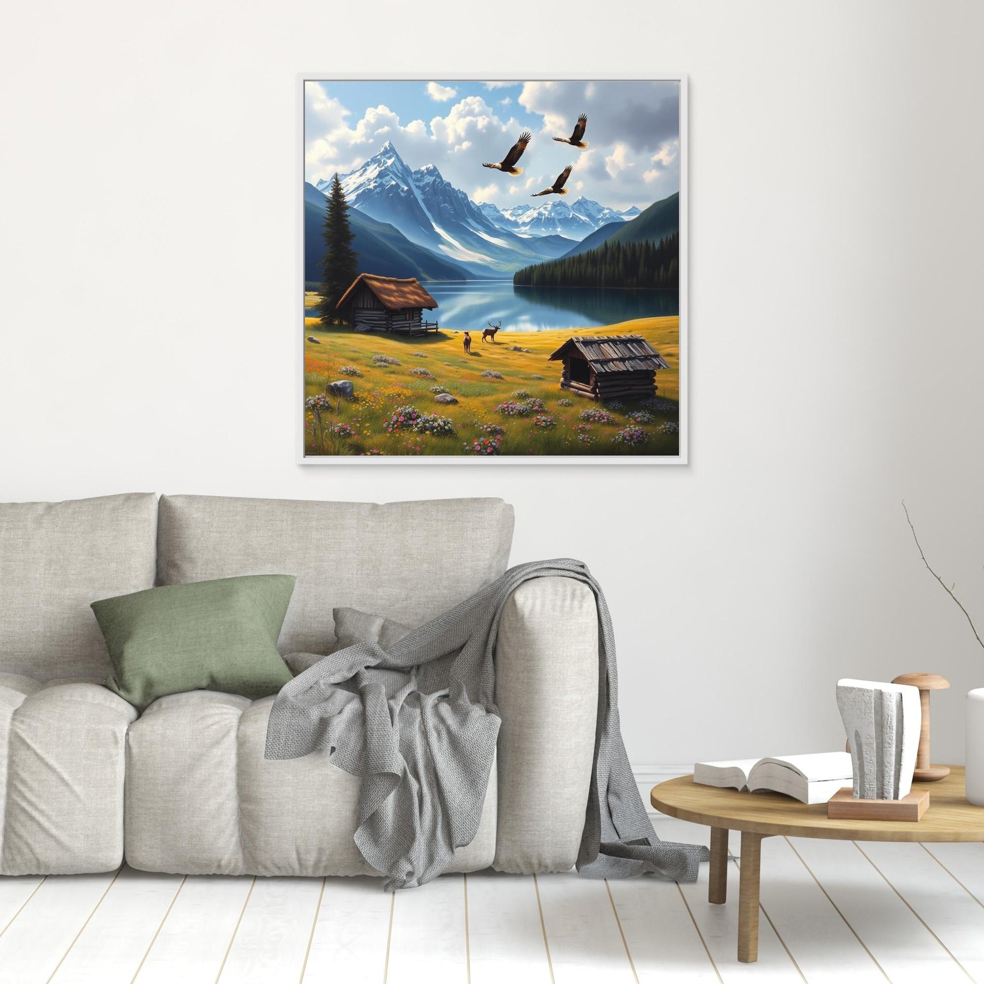 Golden Meadow Escape – Cabin, Eagles & Deer in Mountain Valley