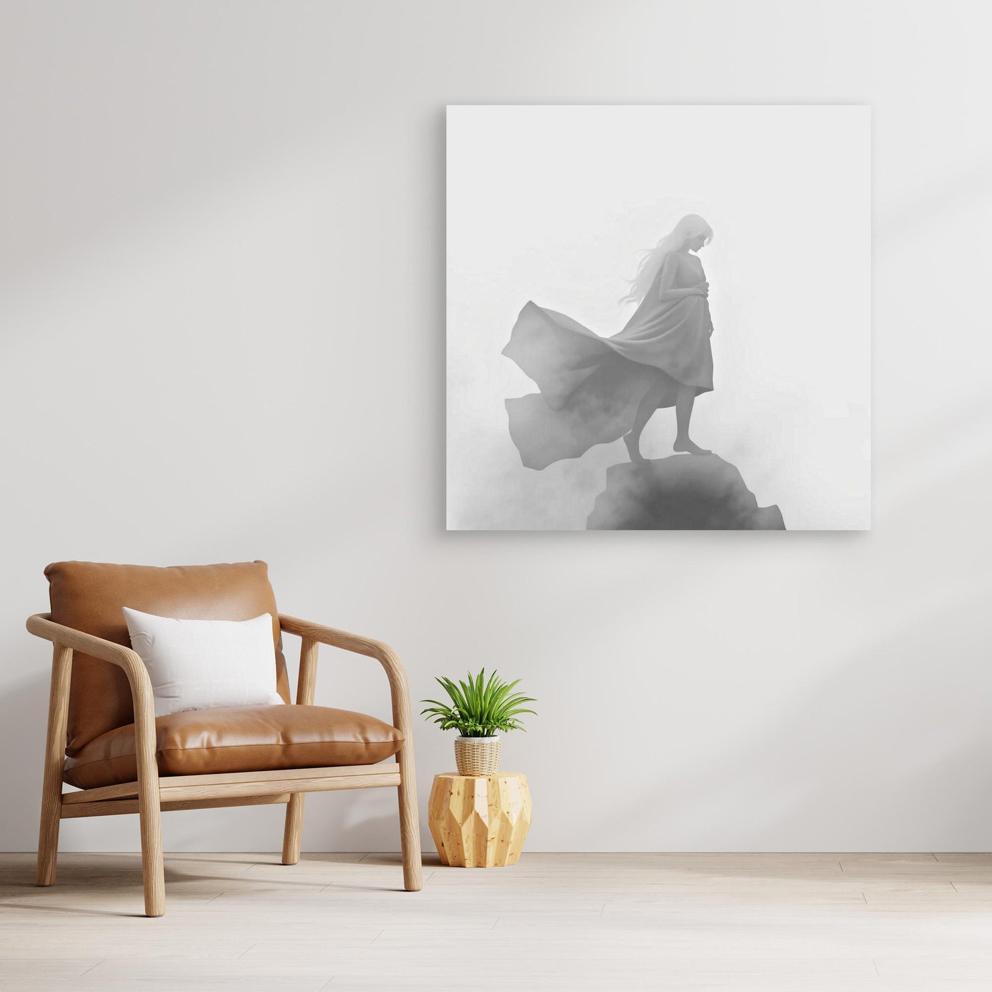 Veil of the Mist – Minimalist Black and White Canvas Wall Art of a Mysterious Woman in the Fog
