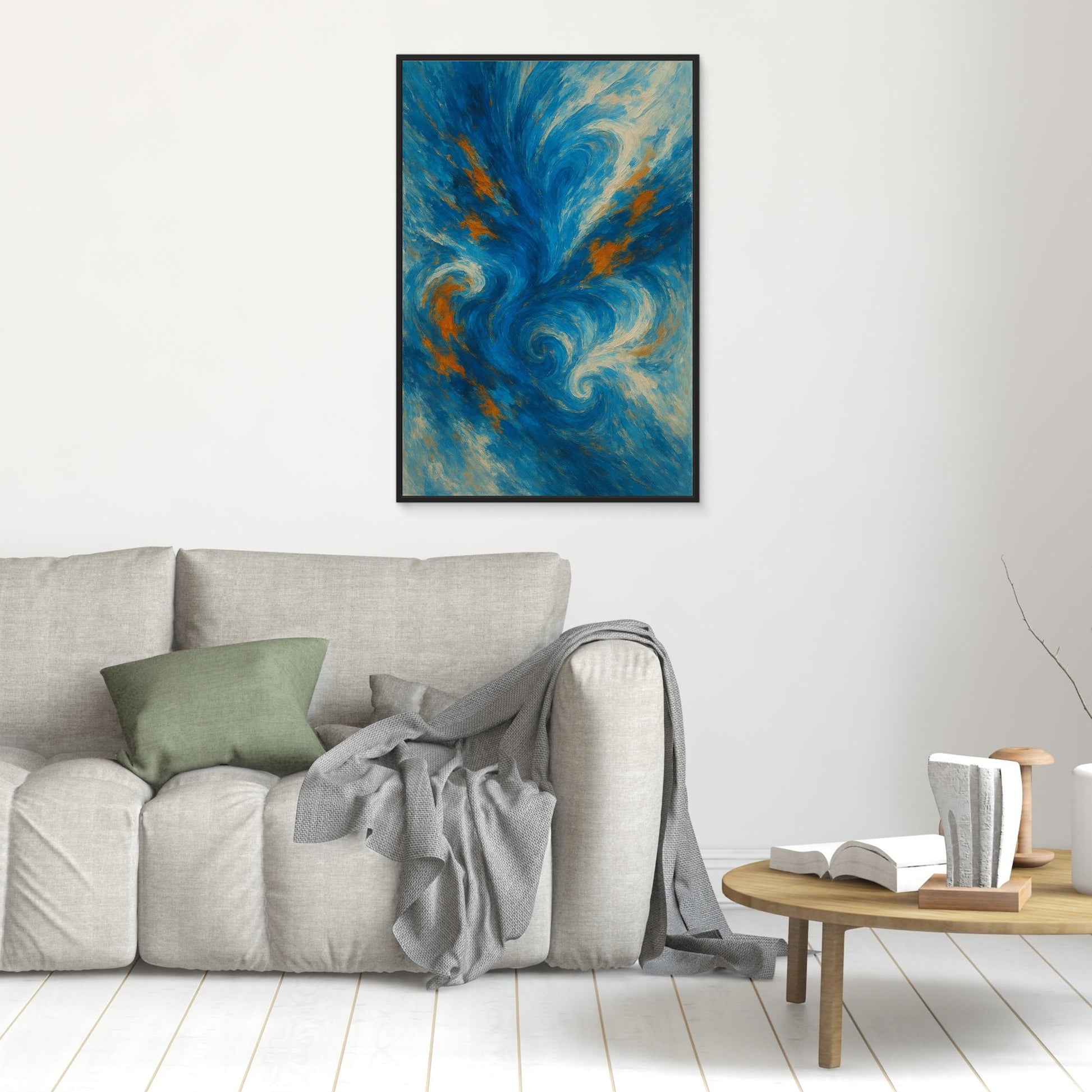 Abstract Ocean Swirl Canvas Wall Art – Blue and Orange Brush Texture