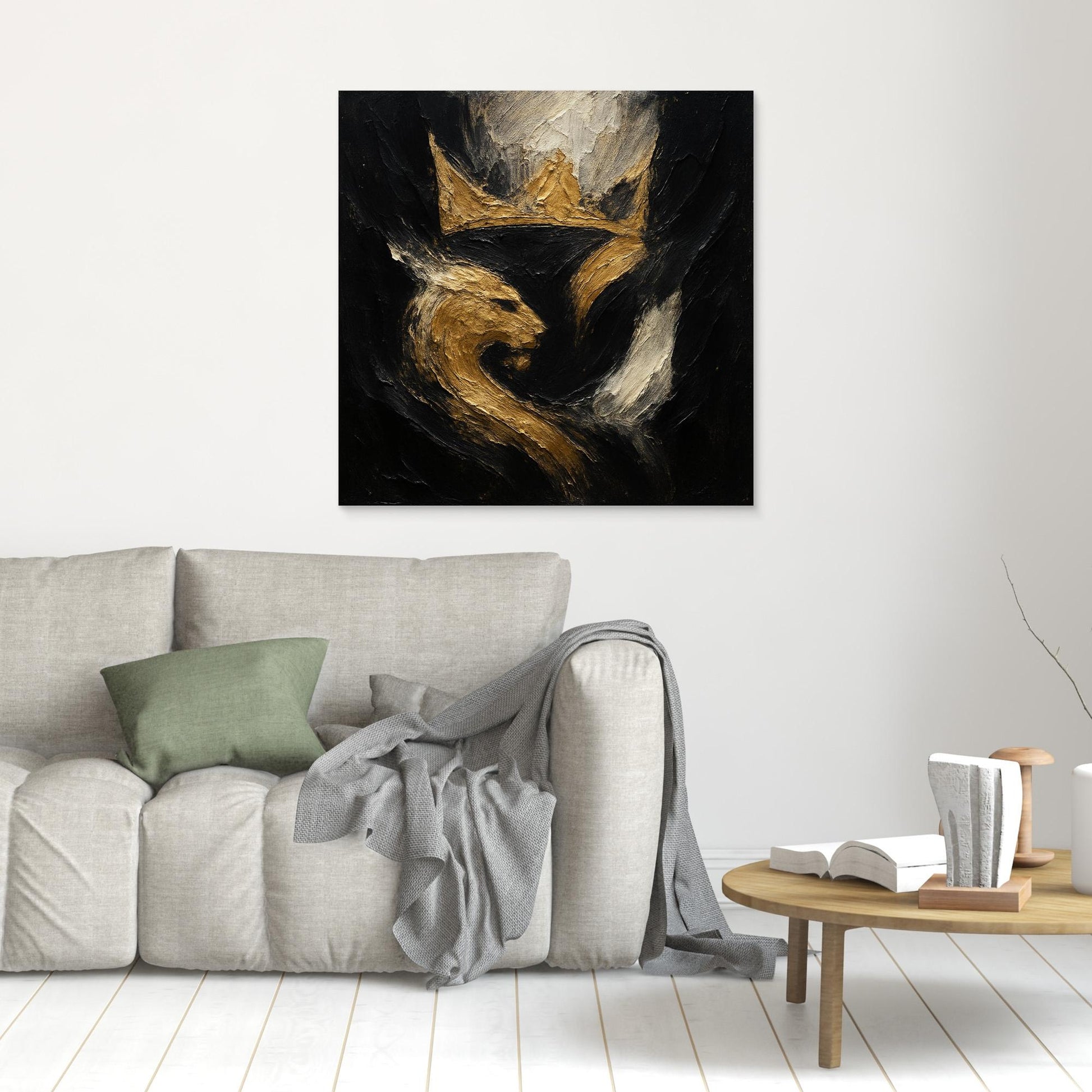 Crowned Lion Canvas Wall Art – Abstract Gold and Black Painting