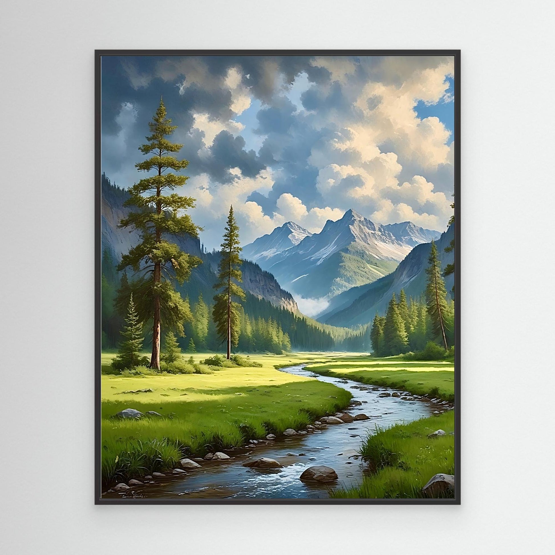 Mountain Valley Canvas Wall Art – Scenic River, Forest & Clouds Landscape Print