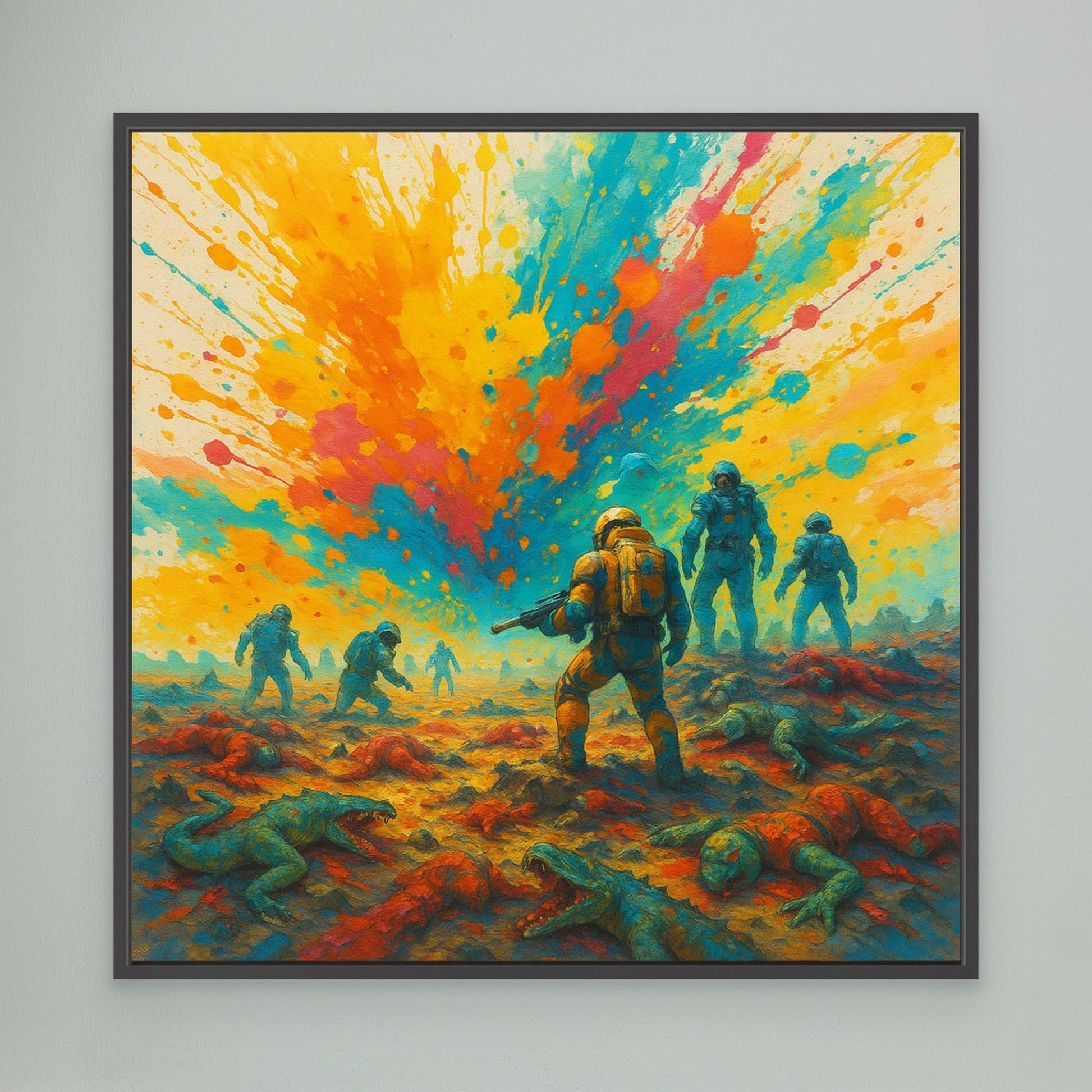 Galactic Apes: Explosion of Victory – Colorful Sci-Fi Canvas Wall Art Print