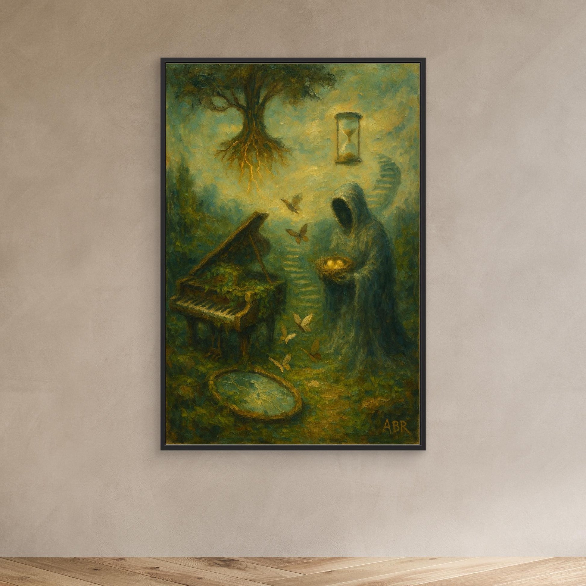 Surreal Canvas Wall Art with Hooded Figure and Piano