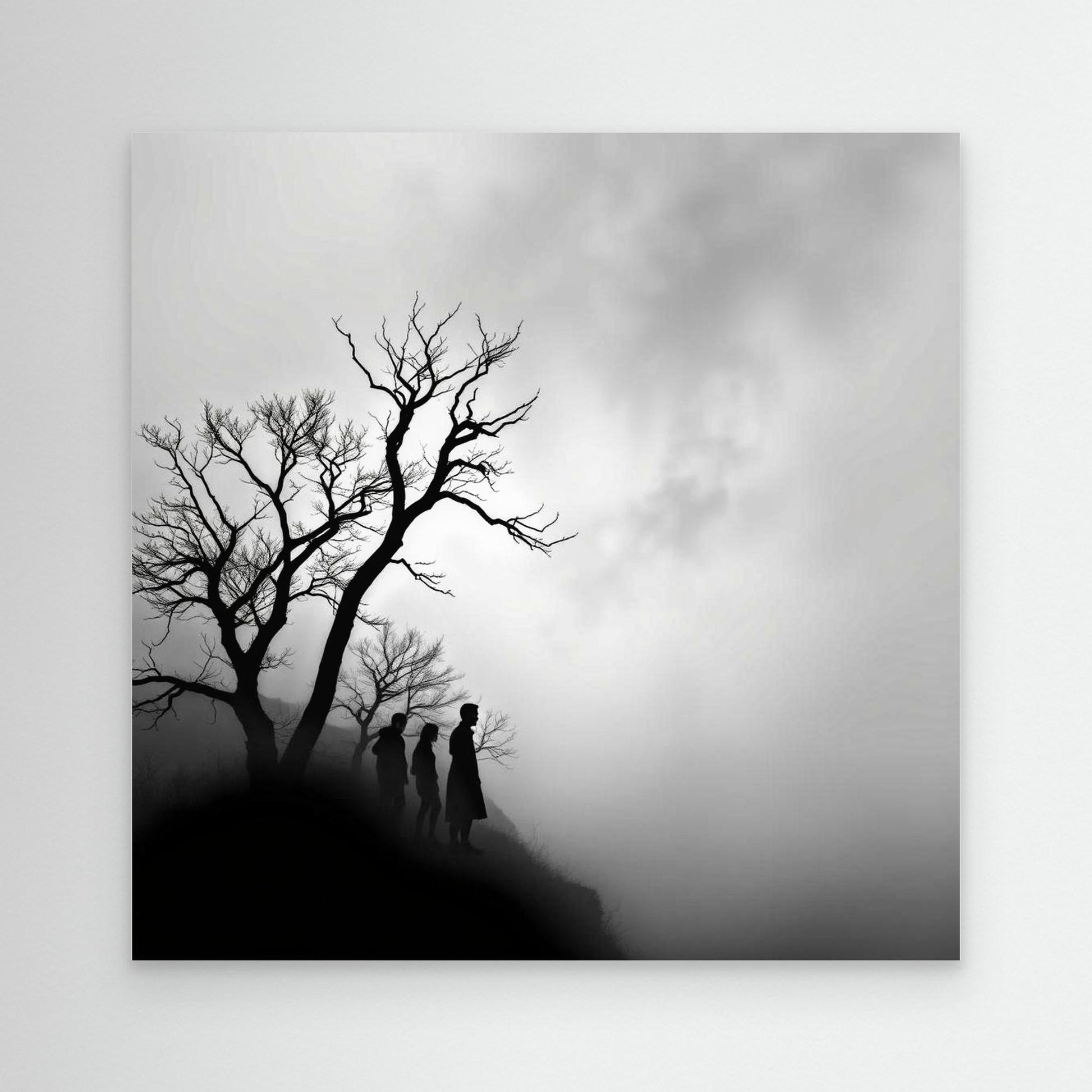 Edge of Silence – Minimalist Black & White Canvas Art | Surreal Fog Landscape with Silhouettes