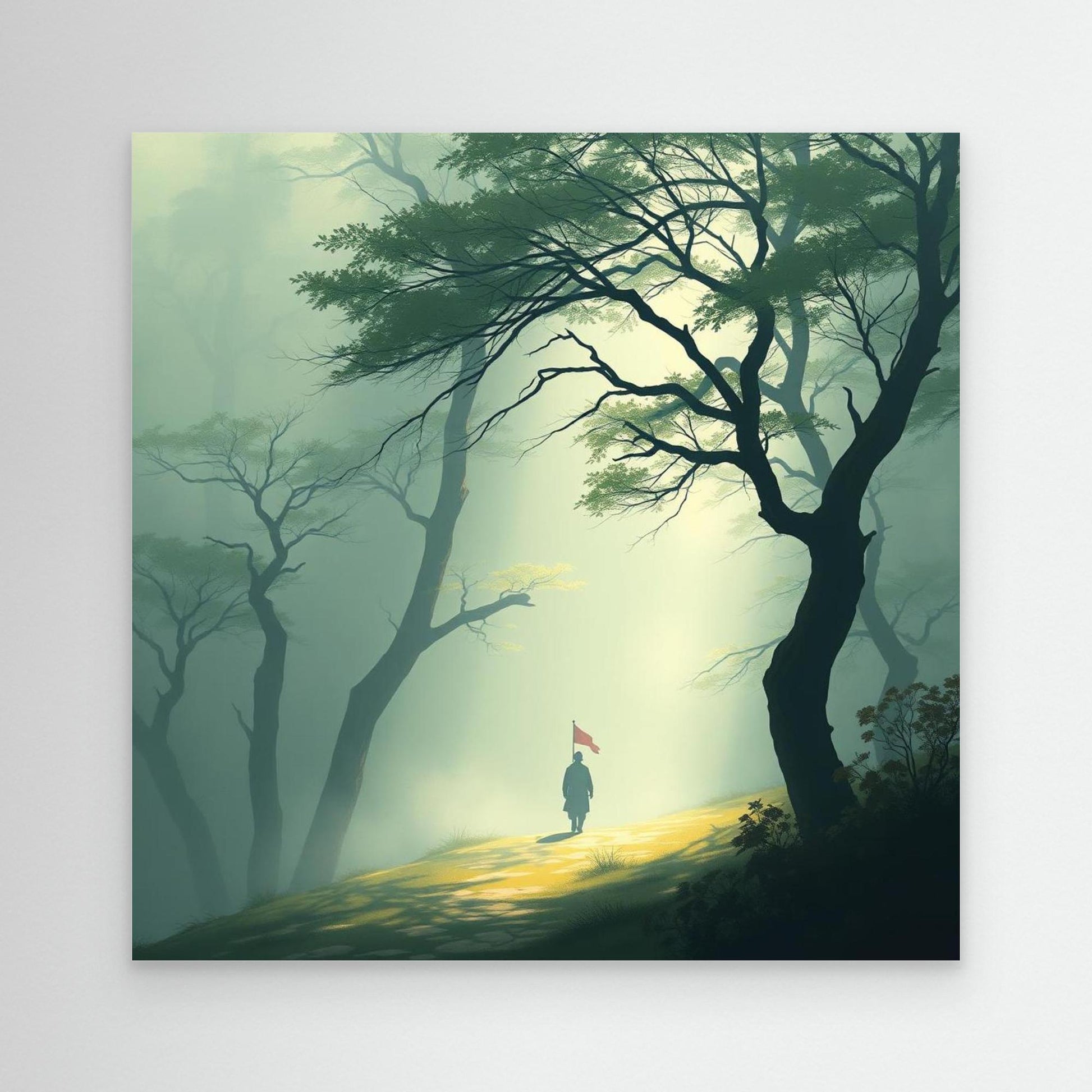 Path of Resolve – Minimalist Forest Canvas Wall Art with Lone Figure and Red Flag