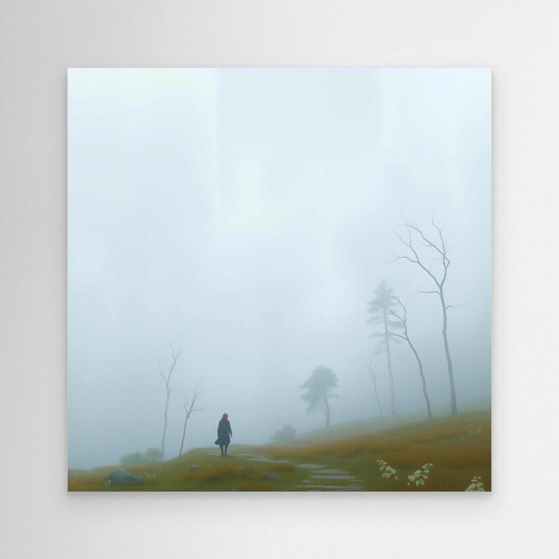 Into the Mist – Minimalist Canvas Wall Art of Woman Walking Through Foggy Landscape