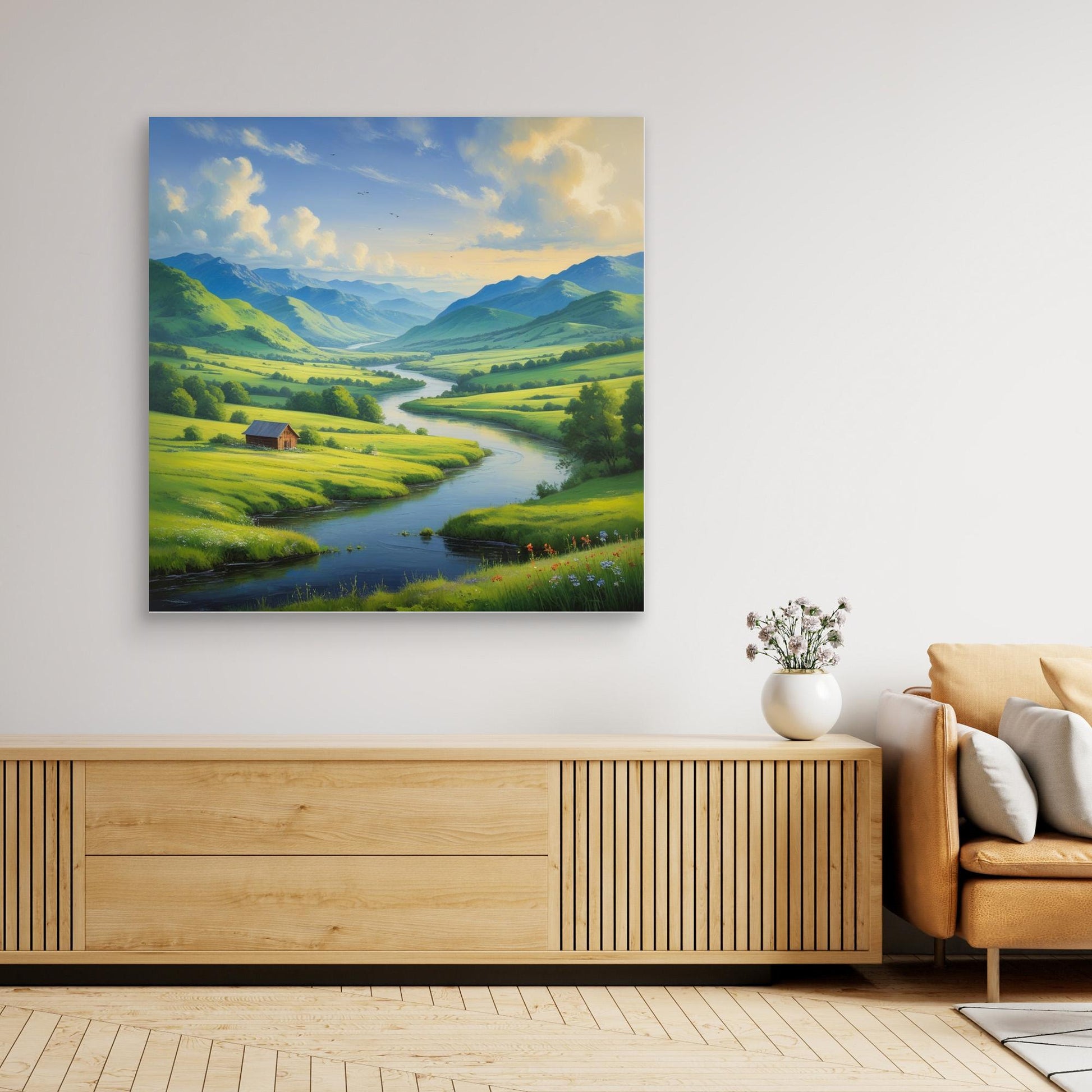Valley of Light – Peaceful Mountain River Landscape Canvas