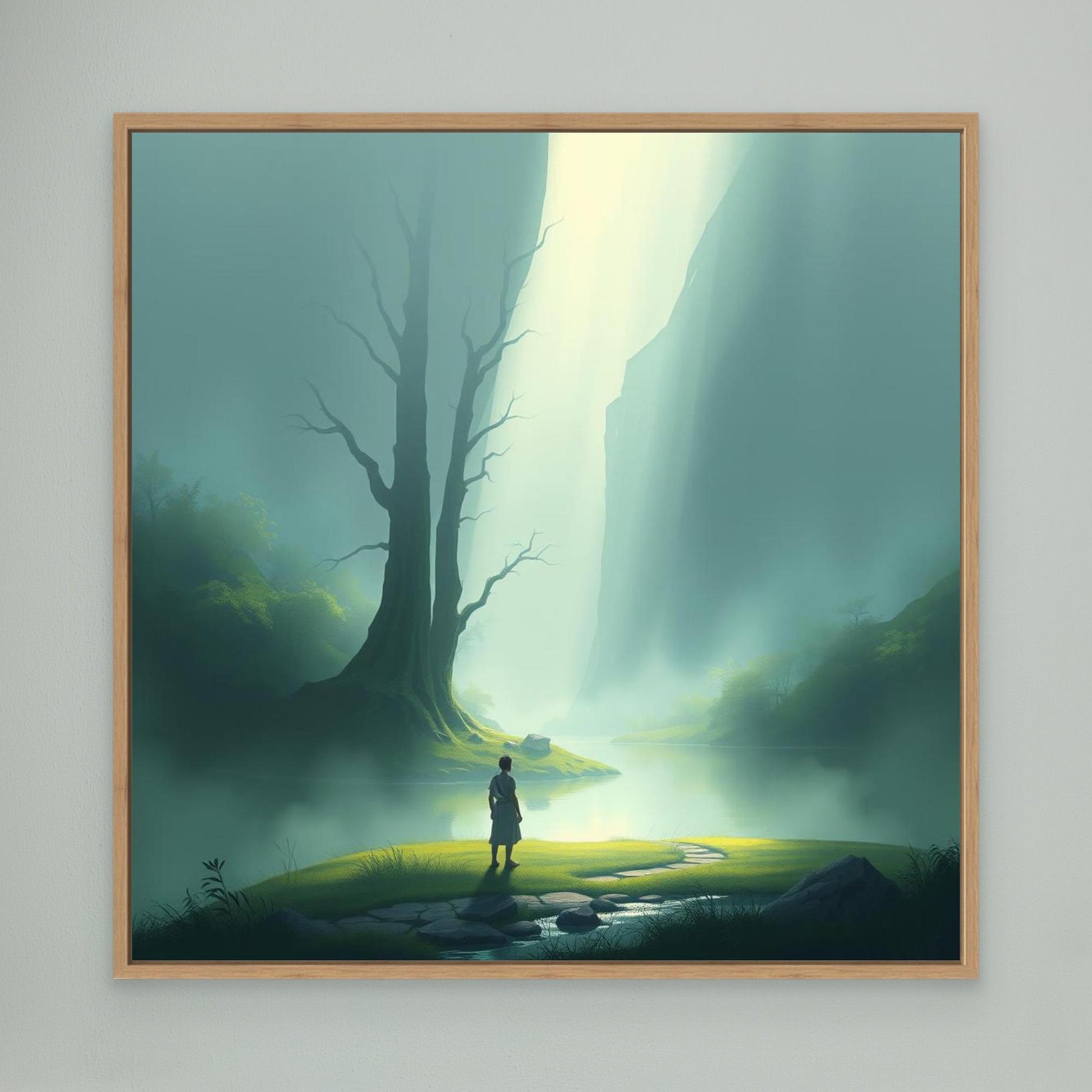 Misty Valley Awakening – Minimalist Nature Canvas Wall Art with Soft Light and Serenity