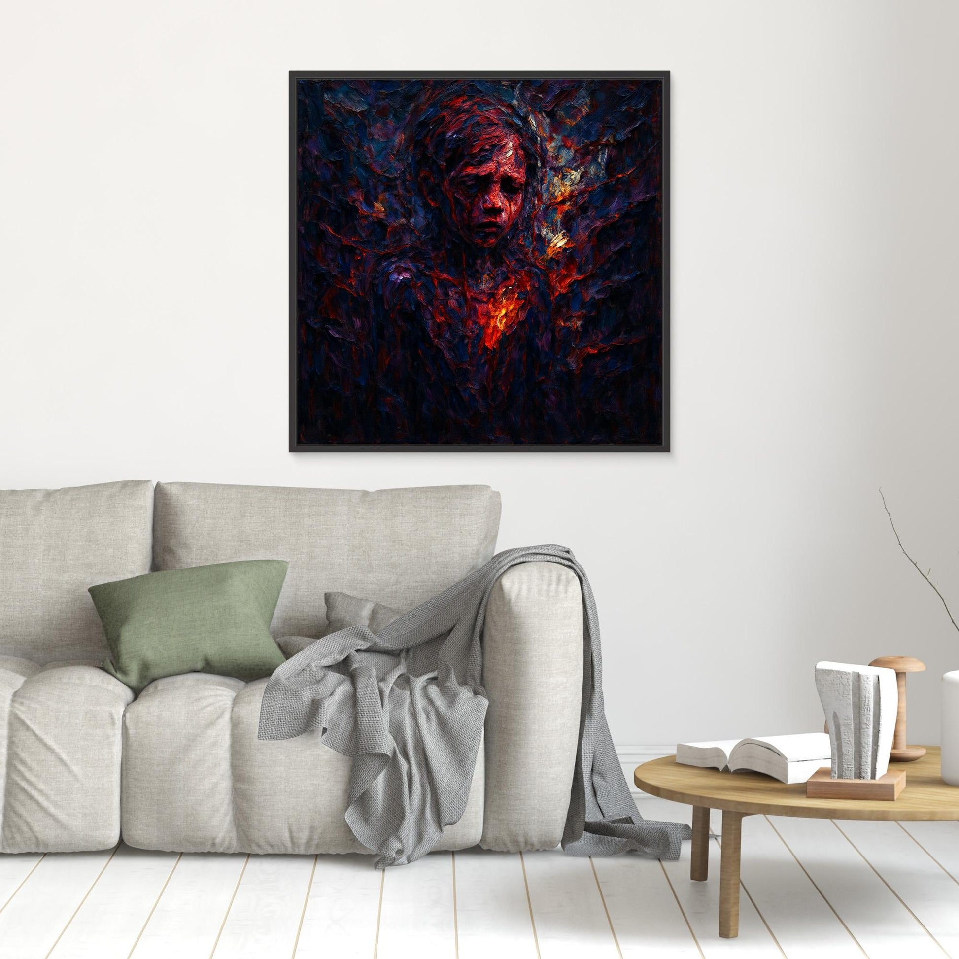 Figurative Fire Portrait – Dark Emotional Canvas Wall Art