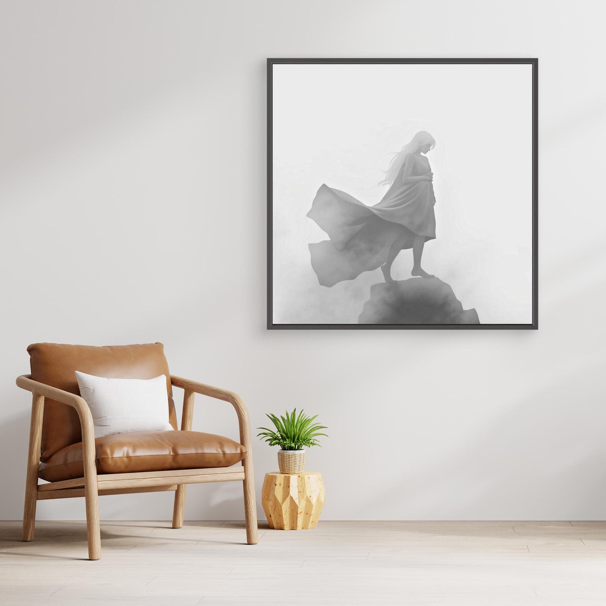 Veil of the Mist – Minimalist Black and White Canvas Wall Art of a Mysterious Woman in the Fog