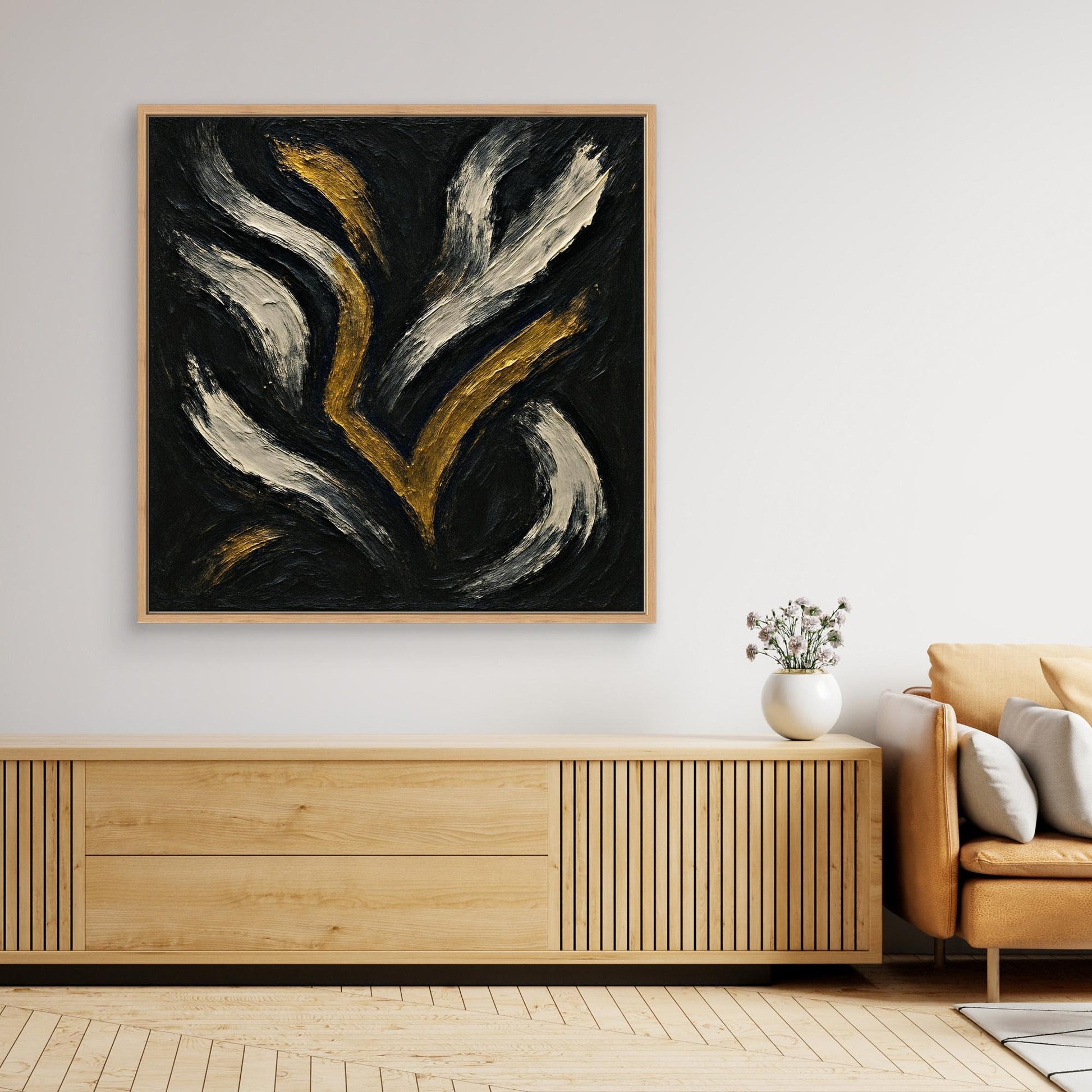 Gold and White Abstract Canvas Wall Art – Flowing Brush Design