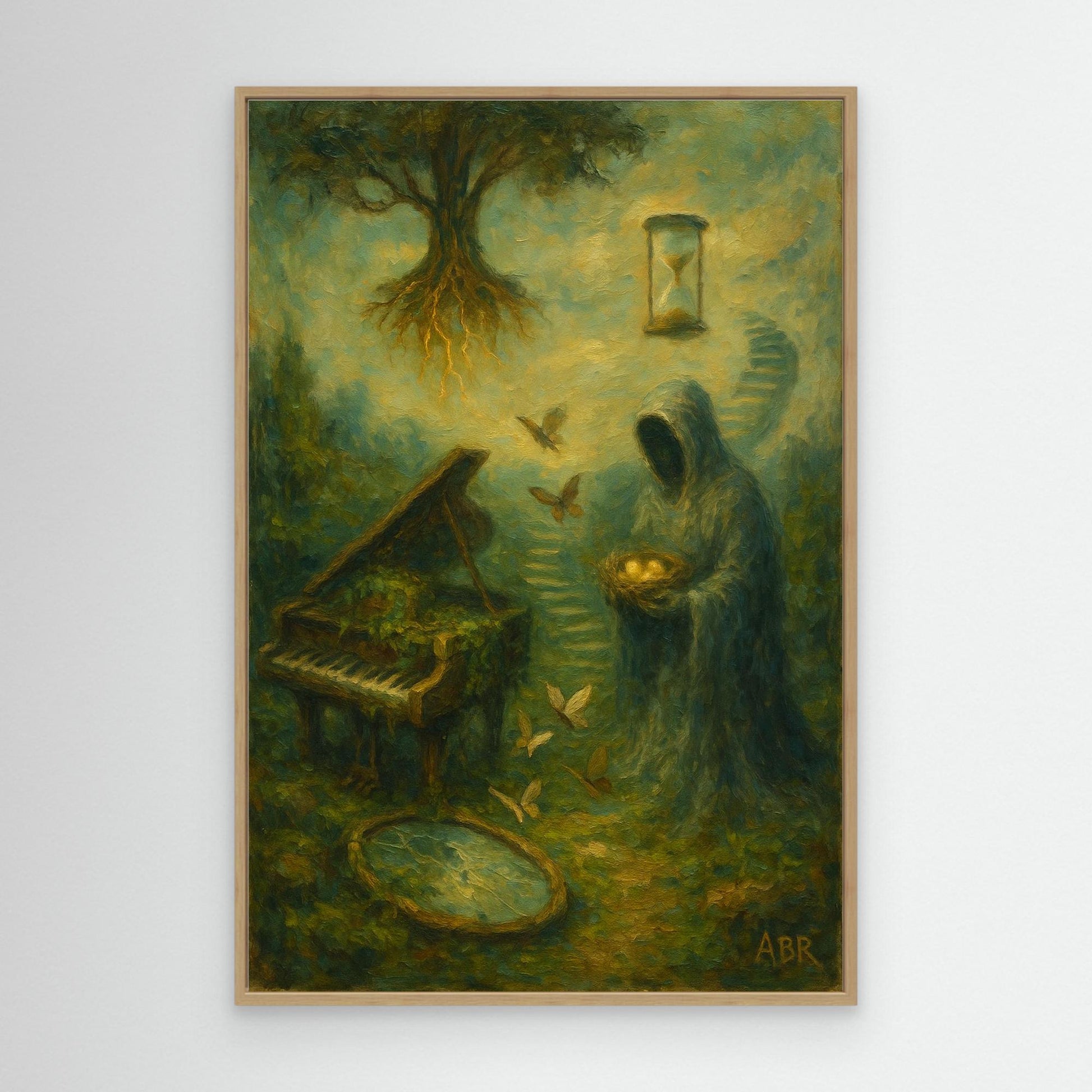Surreal Canvas Wall Art with Hooded Figure and Piano