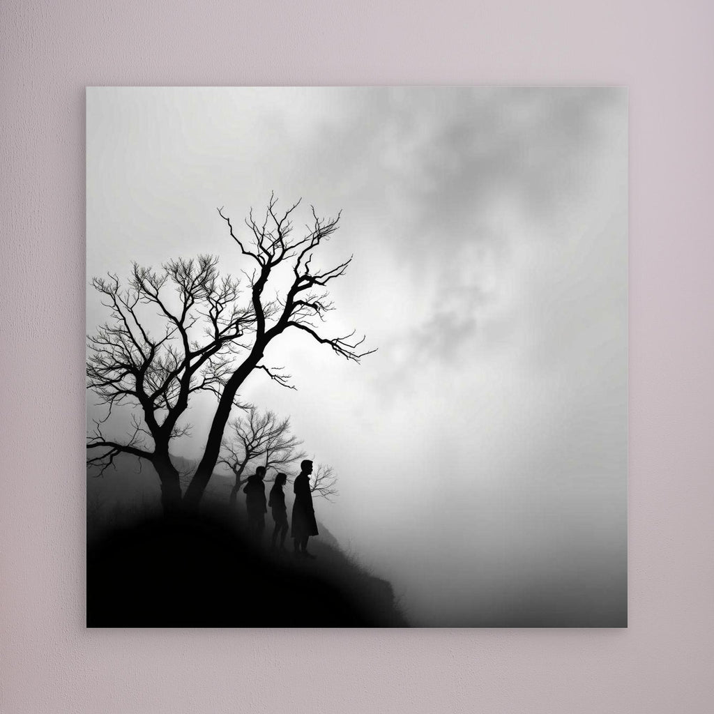Edge of Silence – Minimalist Black & White Canvas Art | Surreal Fog Landscape with Silhouettes