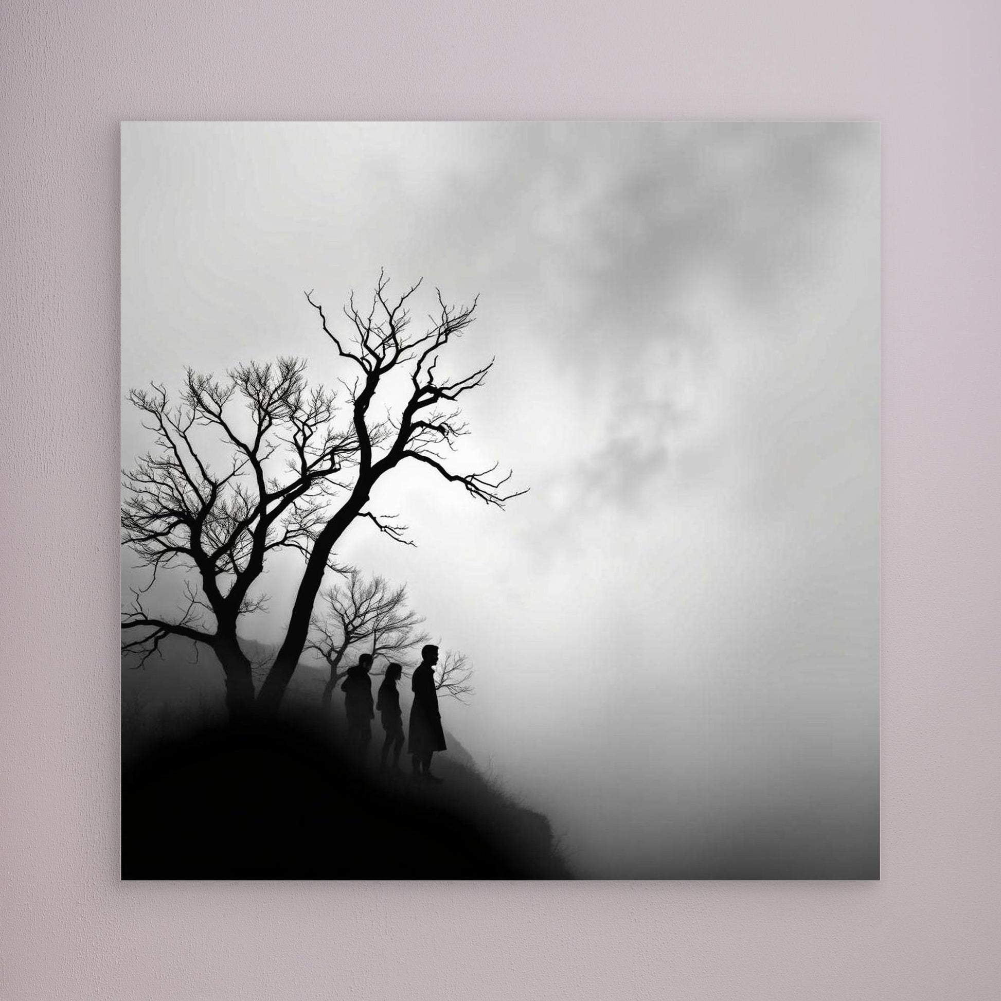 Edge of Silence – Minimalist Black & White Canvas Art | Surreal Fog Landscape with Silhouettes