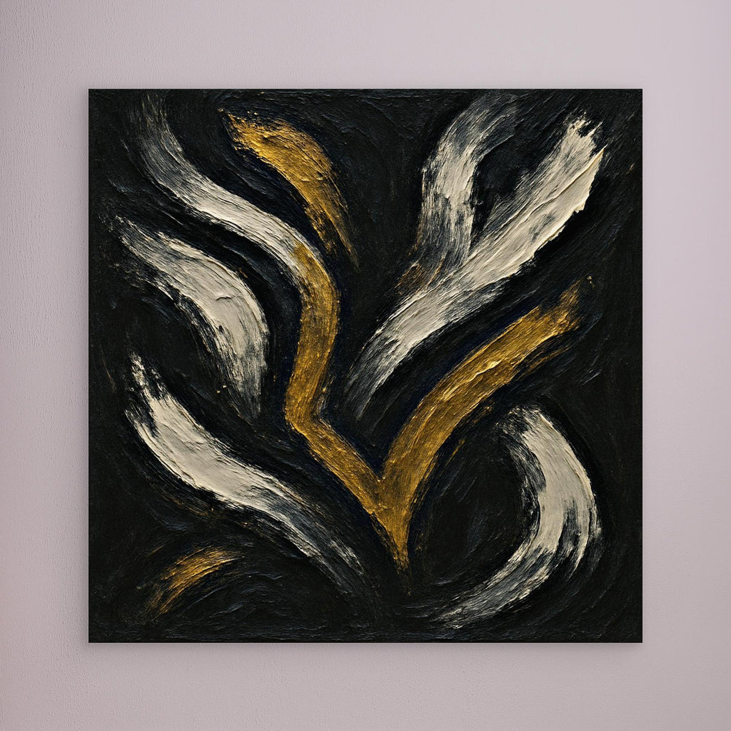 Gold and White Abstract Canvas Wall Art – Flowing Brush Design